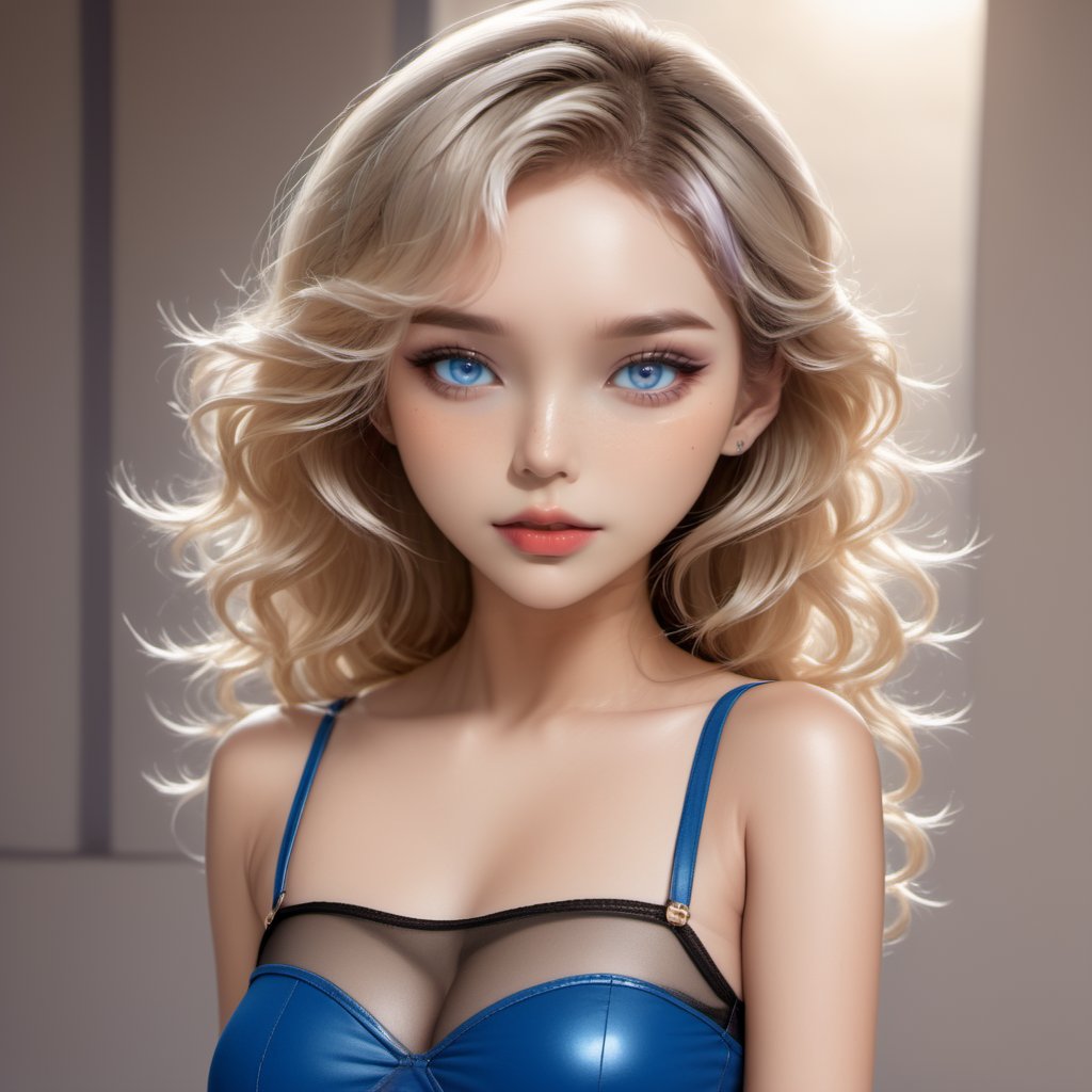 fully_clothed, cute hourglass-body girl, rond face, pop shine lips, black and blue midi ling curly hair, big-eyes, black mesh transparent outfit, realistic,Perfect skin,more detail XL