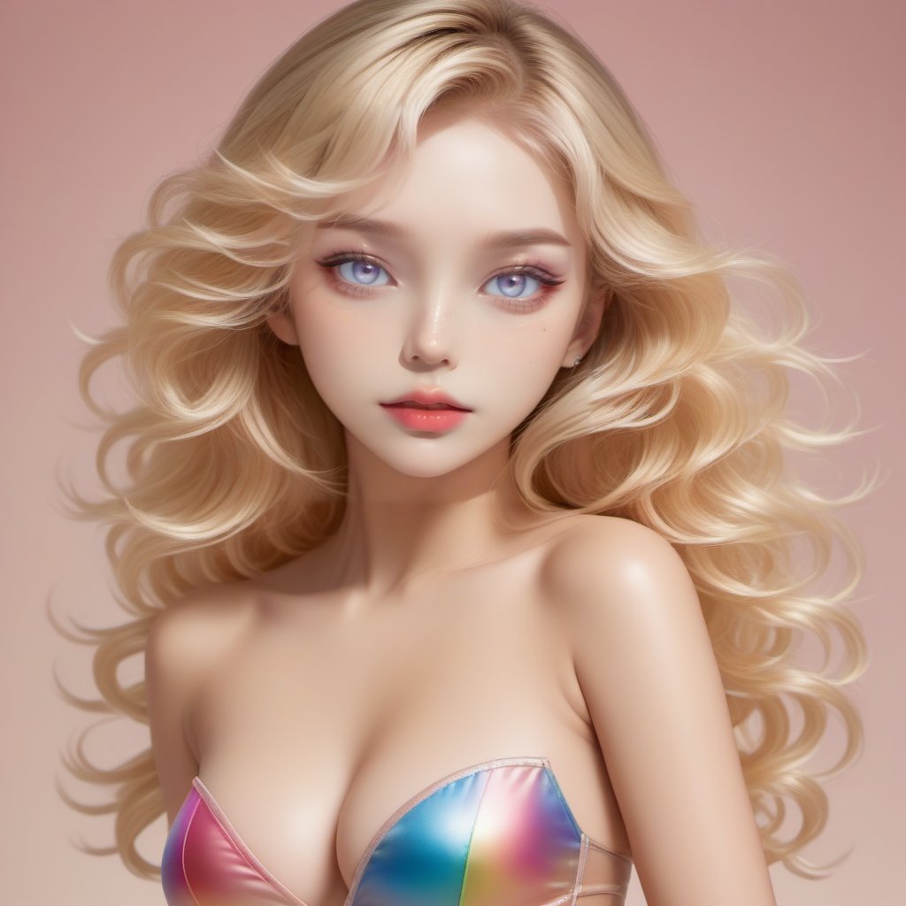 open leg pose cute hourglass-body girl, rond face, pop shine lips, blonde midi ling curly hair, big-eyes, colorful silk transparent outfit, realistic,Perfect skin,more detail XL