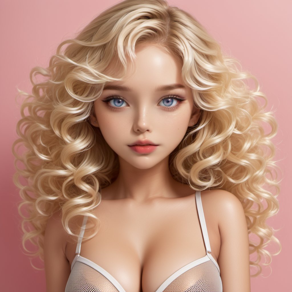 cute hourglass-body girl, rond face, pop shine lips, blonde midi ling curly hair, big-eyes, sexy mesh outfit, realistic,Perfect skin,more detail XL