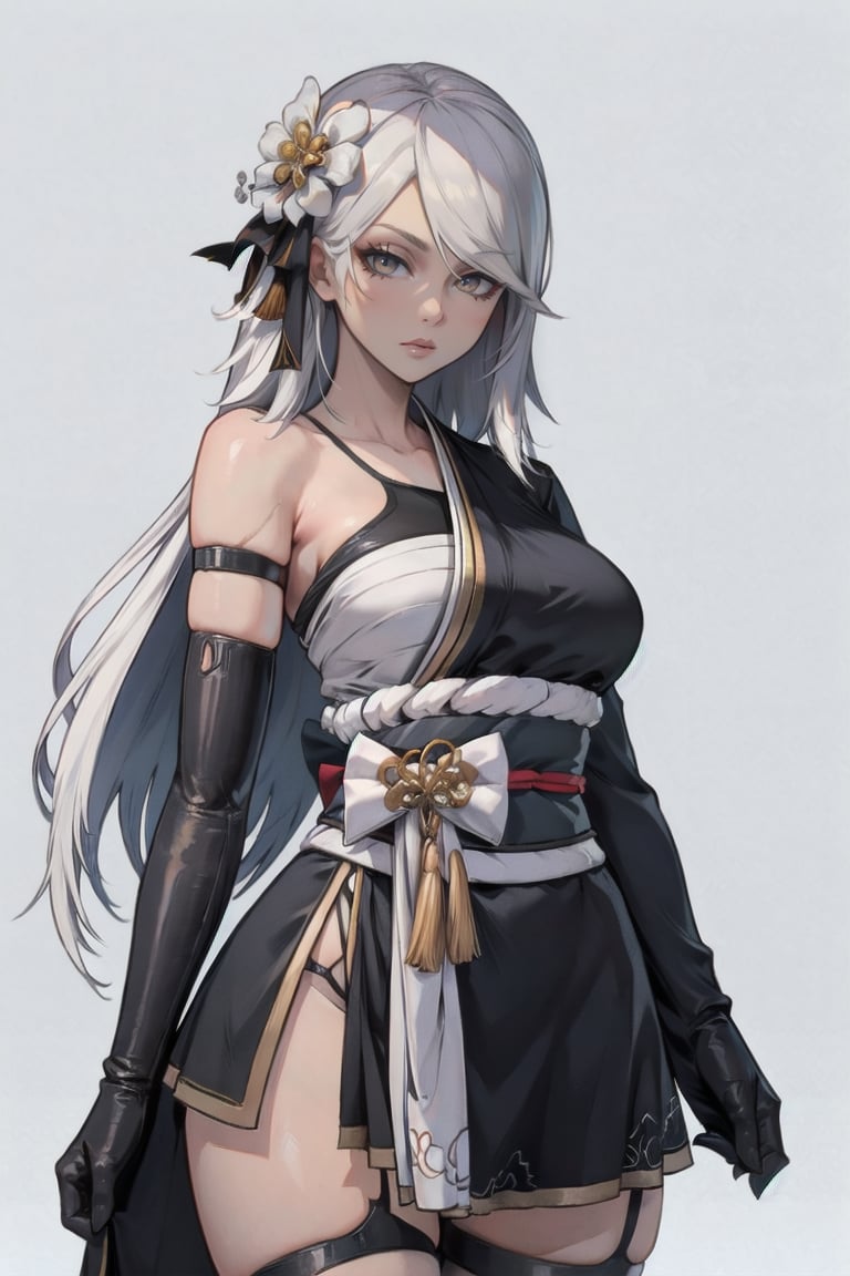 <lora:Yorha_A2Kimono-DEF:0.8> a2kimono, long hair, elbow glove, wide sleeve, sash, hair ornament, asymmetrical clothes, cowboy shot, white background