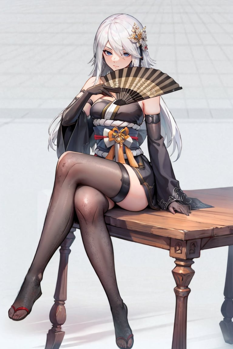 <lora:Yorha_A2Kimono-DEF:0.8> a2kimono, blue eyes, white hair, long hair, elbow glove, wide sleeve, sash, hair ornament, asymmetrical clothes, legs crossed, hand_fan over face, white background