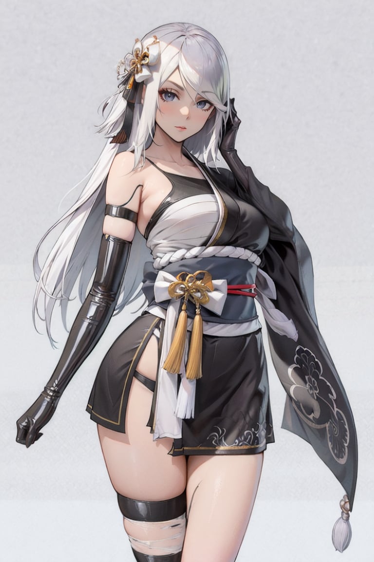 <lora:Yorha_A2Kimono-DEF:0.8> a2kimono, long hair, elbow glove, wide sleeve, sash, hair ornament, asymmetrical clothes, cowboy shot, white background