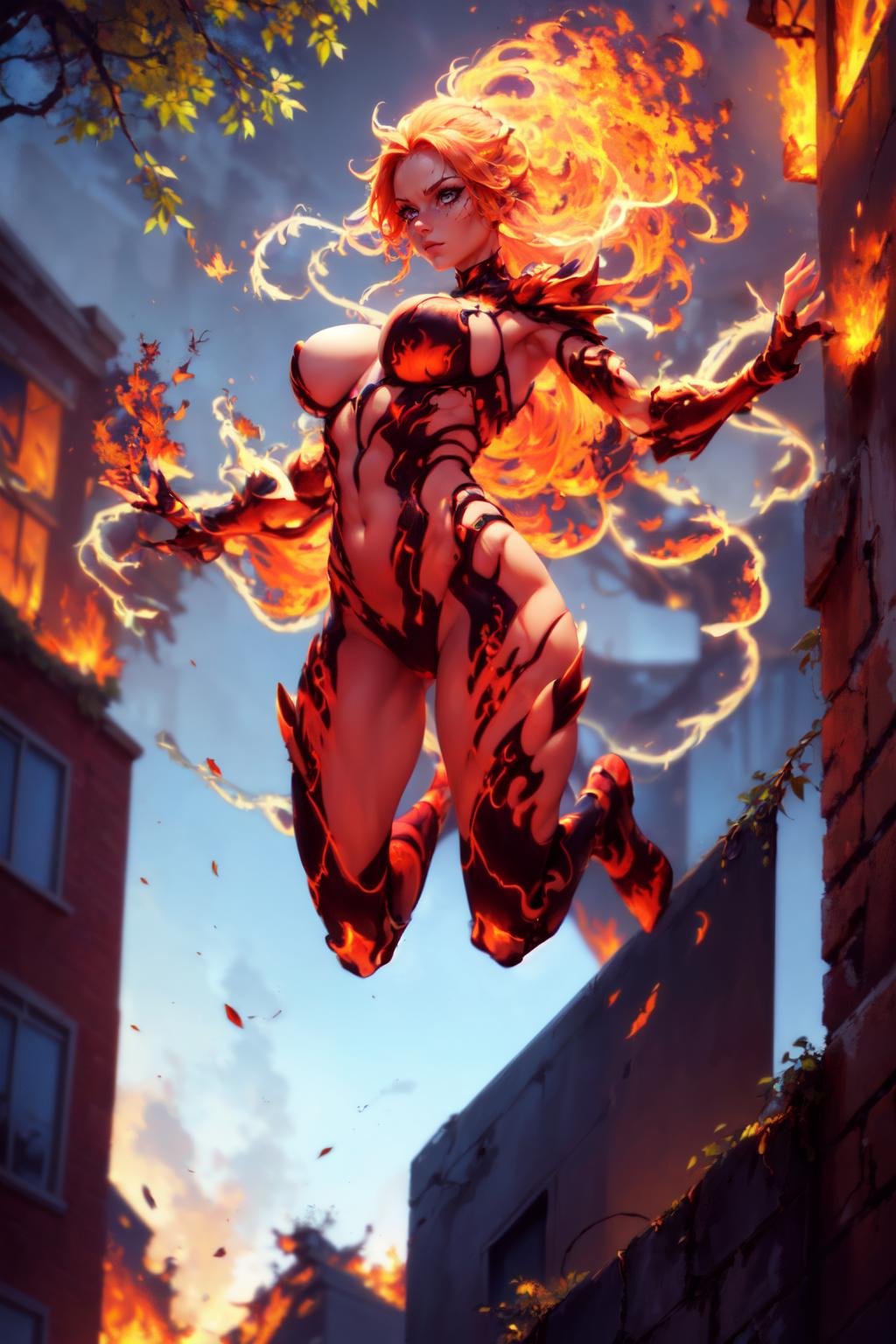 ((a woman jumping from a building, floating, casting huge fire magic)), beautiful eyes, beautiful girl, high detail skin, high detail eyes, high detail hair, highres, ultra detailed, sharpen picture, Highly detailed, masterpiece, best quality, photorealistic,<lora:WildfirezyraLoRA:1> (1girl, long hair, fire, fiery hair, glowing, vines around arms, spikes, armor)  <lora:better perfect hands:0.5> Perfect Hands  <lora:more_details:0.5>  <lora:better output-v1.0a:0.5>