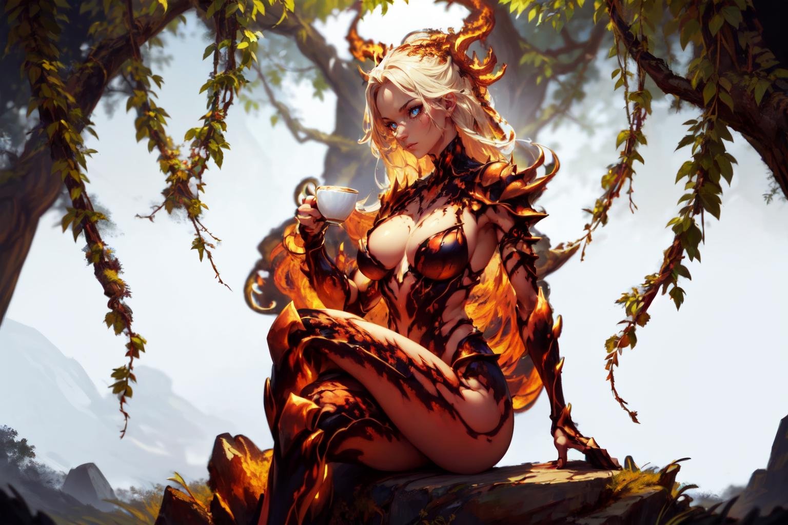 ((a woman sitting in hell holding a cup of tea)), beautiful eyes, beautiful girl, high detail skin, high detail eyes, high detail hair, highres, ultra detailed, sharpen picture, Highly detailed, masterpiece, best quality, photorealistic,<lora:WildfirezyraLoRA:1> (1girl, long hair, glowing, vines around arms, spikes, armor)  <lora:better perfect hands:0.5> Perfect Hands  <lora:more_details:0.5>  <lora:better output-v1.0a:0.5>