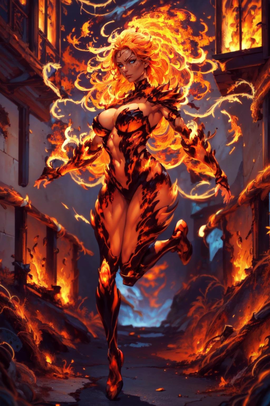 ((a woman jumping from a building, floating, casting huge fire magic)), beautiful eyes, beautiful girl, high detail skin, high detail eyes, high detail hair, highres, ultra detailed, sharpen picture, Highly detailed, masterpiece, best quality, photorealistic,<lora:WildfirezyraLoRA:1> (1girl, long hair, fire, fiery hair, glowing, vines around arms, spikes, armor)  <lora:better perfect hands:0.5> Perfect Hands  <lora:more_details:0.5>  <lora:better output-v1.0a:0.5>  <lora:zoom_slider_v1:3>