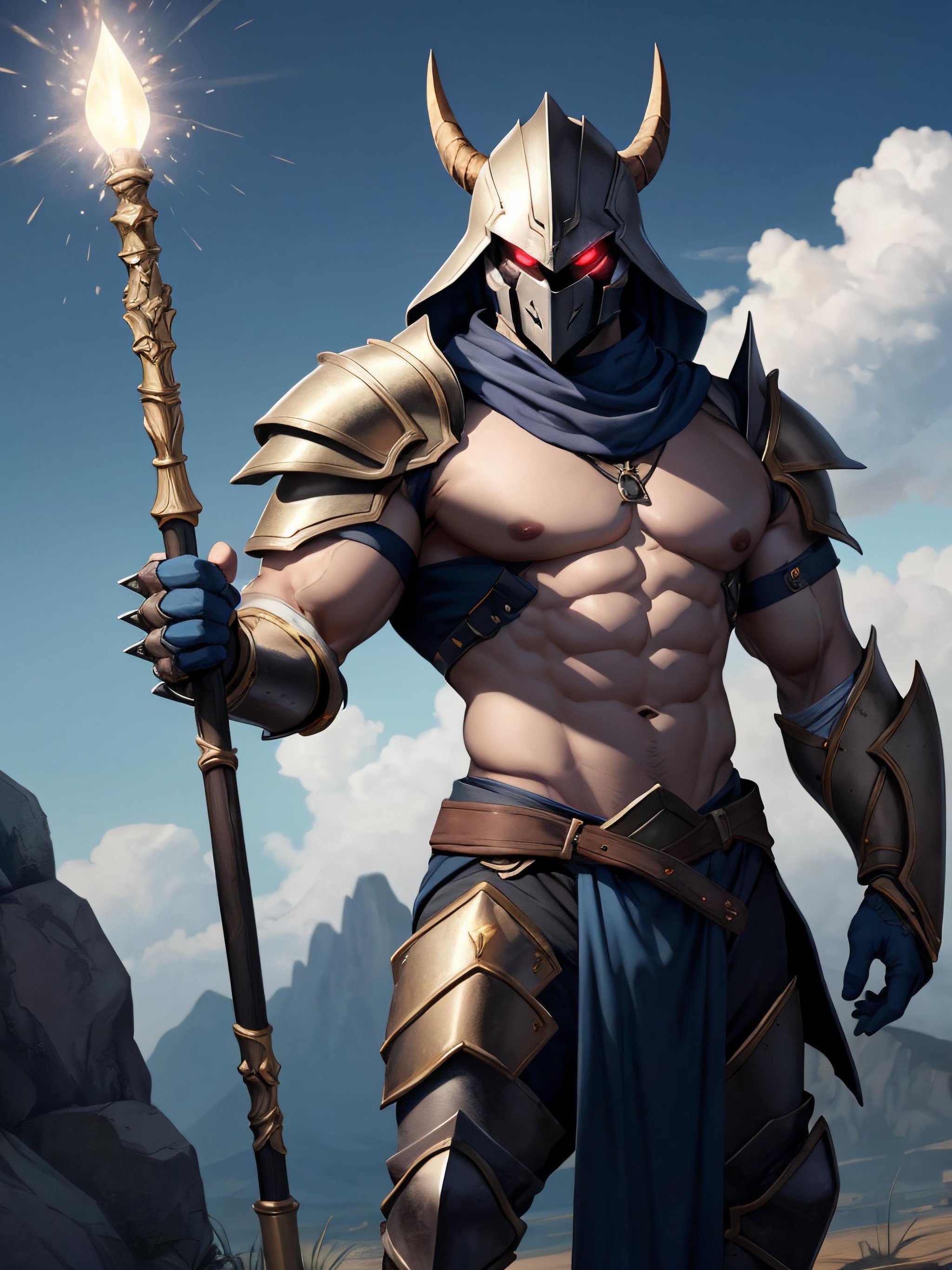arcana hecarim skin, best aesthetic, lolsplashart, solo, looking at viewer, 1boy, holding, weapon, male focus, horns, sky, cloud, armor, muscular, glowing, abs, helmet, cloudy sky, pectorals, muscular male, staff, shoulder armor, gauntlets, clenched hand, glowing eyes, pelvic curtain, pauldrons, holding staff, tarot, leg armor, magical background, radiant light emanating from staff, elemental glow around, various lights