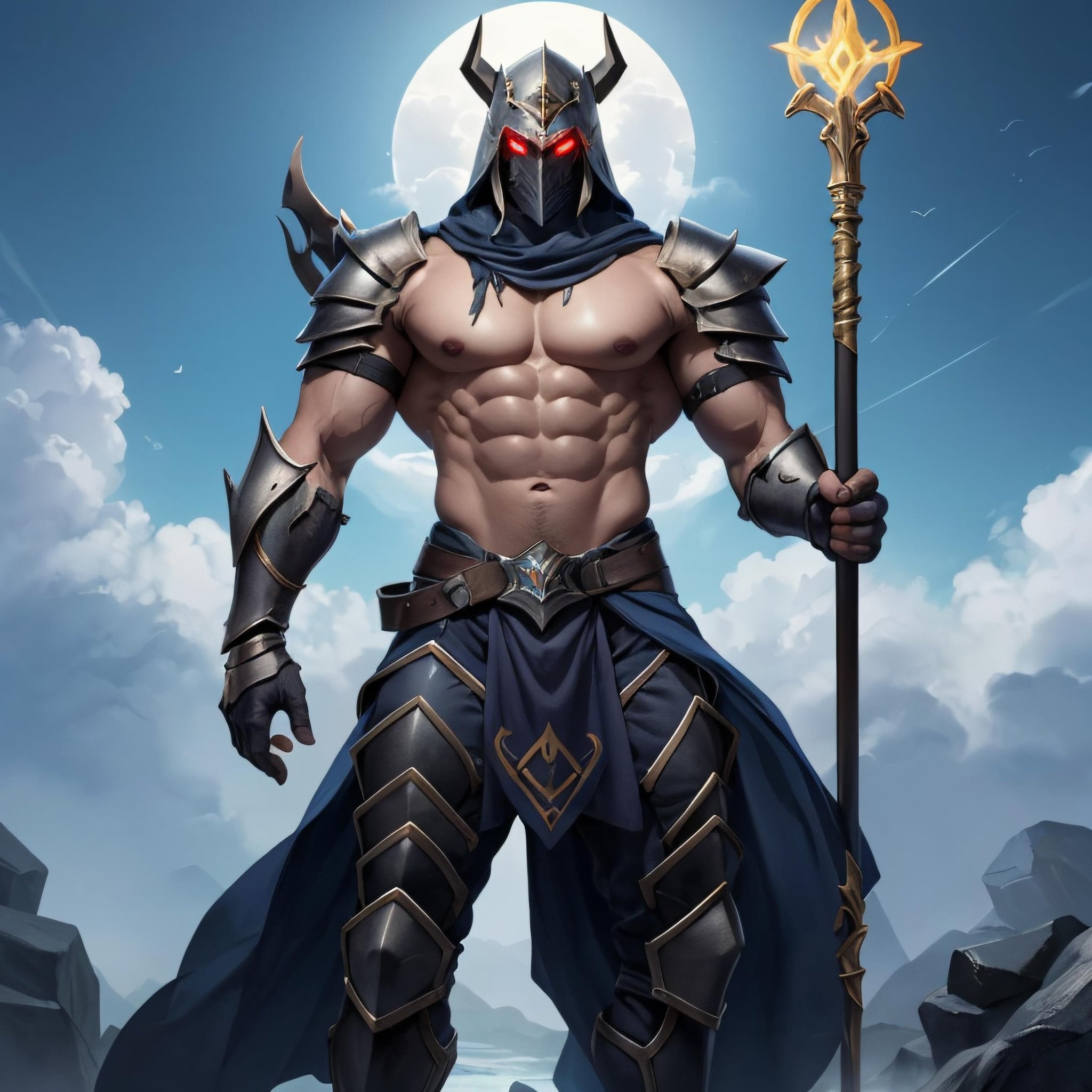 arcana hecarim skin, best aesthetic, lolsplashart, solo, looking at viewer, 1boy, holding, weapon, male focus, horns, sky, cloud, armor, muscular, glowing, abs, helmet, cloudy sky, pectorals, muscular male, staff, shoulder armor, gauntlets, clenched hand, glowing eyes, pelvic curtain, pauldrons, holding staff, tarot, leg armor