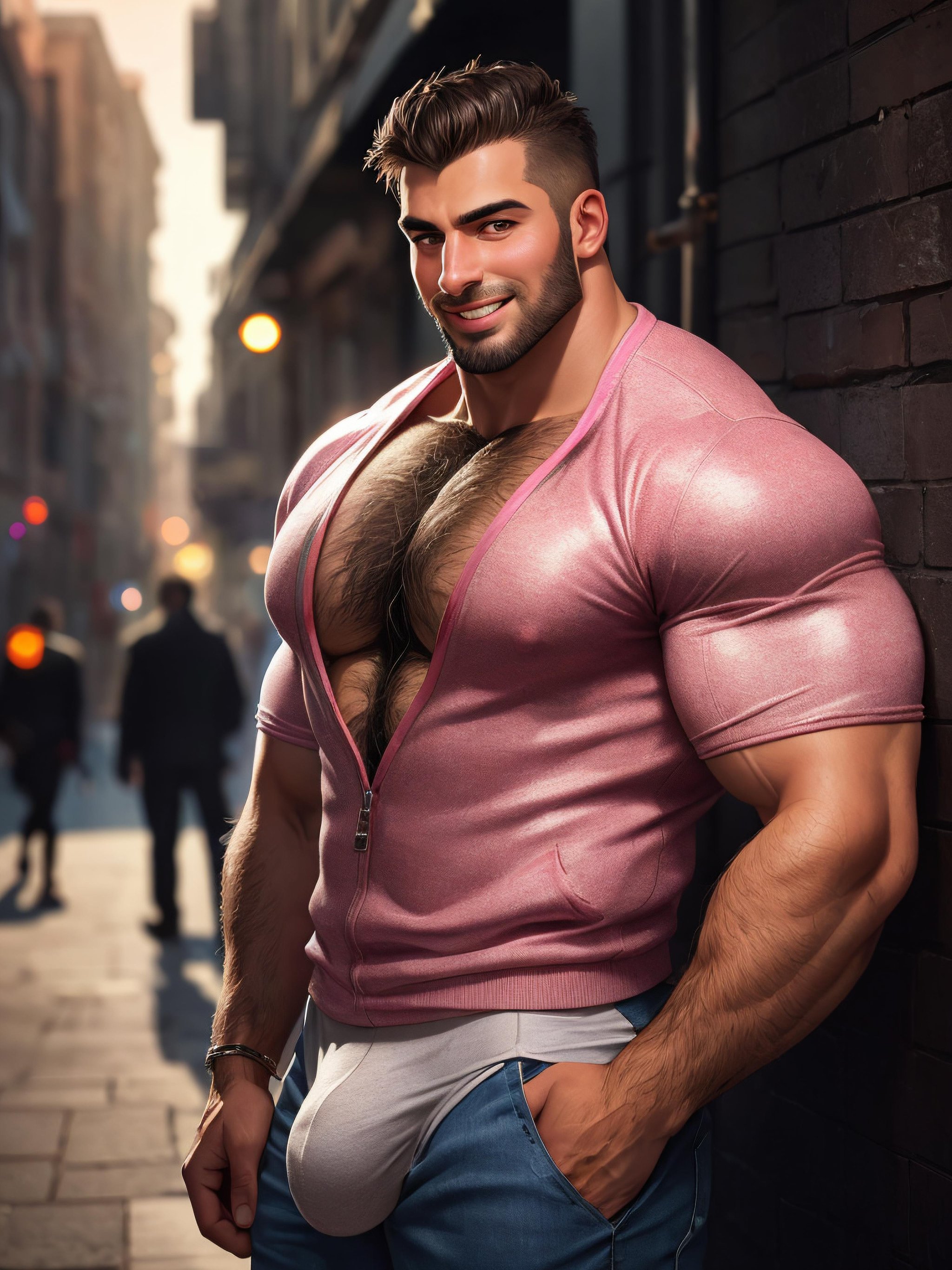 photo of muscular bearded (man) in a worn ((suite style casual outfit pink, revealing pink erotic, huge hairy pecs)), big pecs, big arms, big bulge, ((light bokeh)), intricate, (steel metal [rust]), elegant, erotic, oozing sexual energy, homoerotic, sharp focus, photo by greg rutkowski, soft lighting, vibrant colors, (masterpiece), ((streets)), (detailed face), looking at viewer, smile light