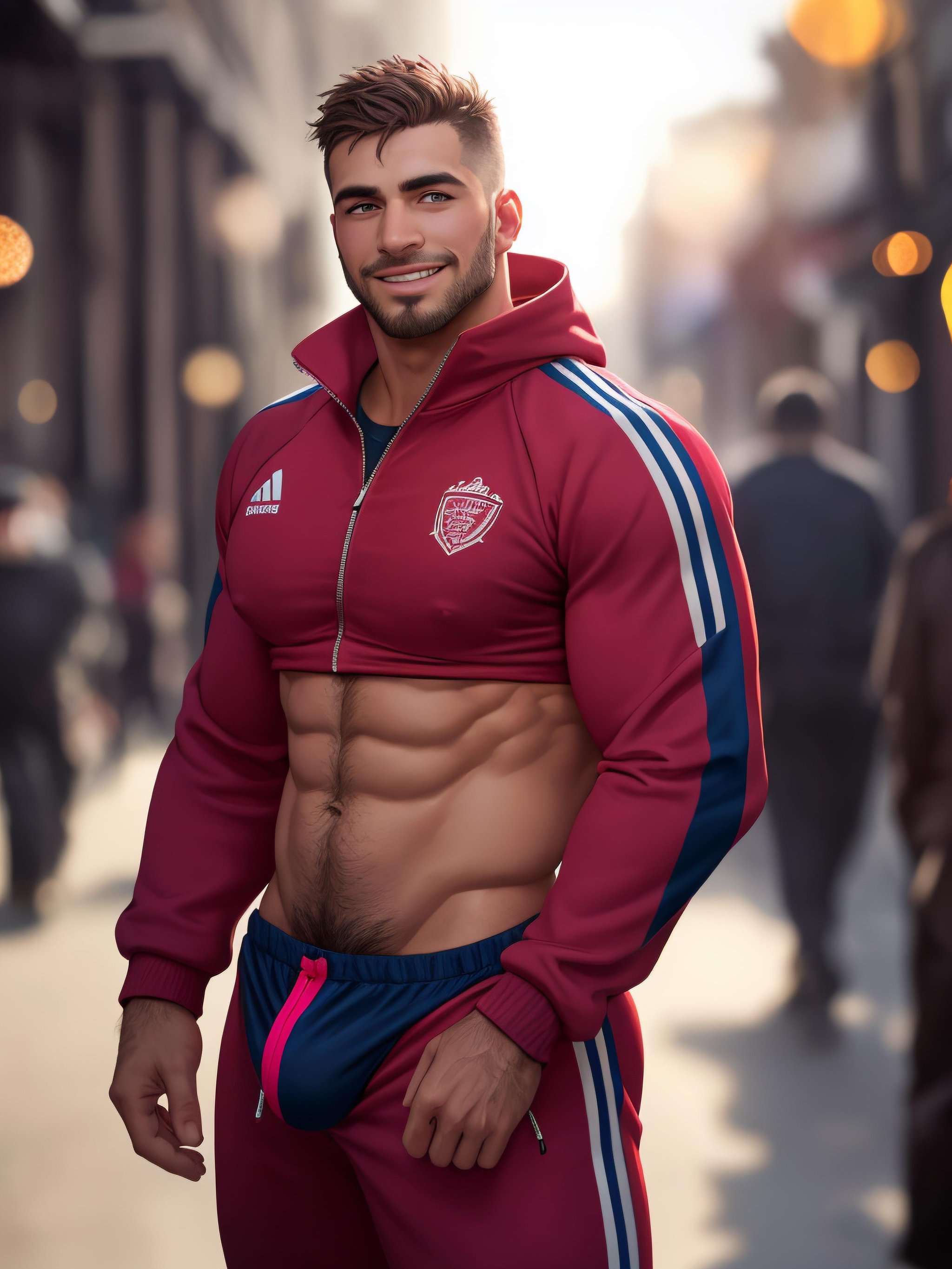 photo of muscular bearded (man) in a worn ((skin-revealing skimpy erotic many colors pink tracksuit, massive hairy pecs)), big pecs, big arms, large bulge, ((light bokeh)), intricate, (steel metal [rust]), elegant, erotic, exuding sexual energy, homoerotic, sharp focus, photo by greg rutkowski, soft lighting, vibrant colors, (masterpiece), ((streets)), (detailed face), looking at viewer, light smile