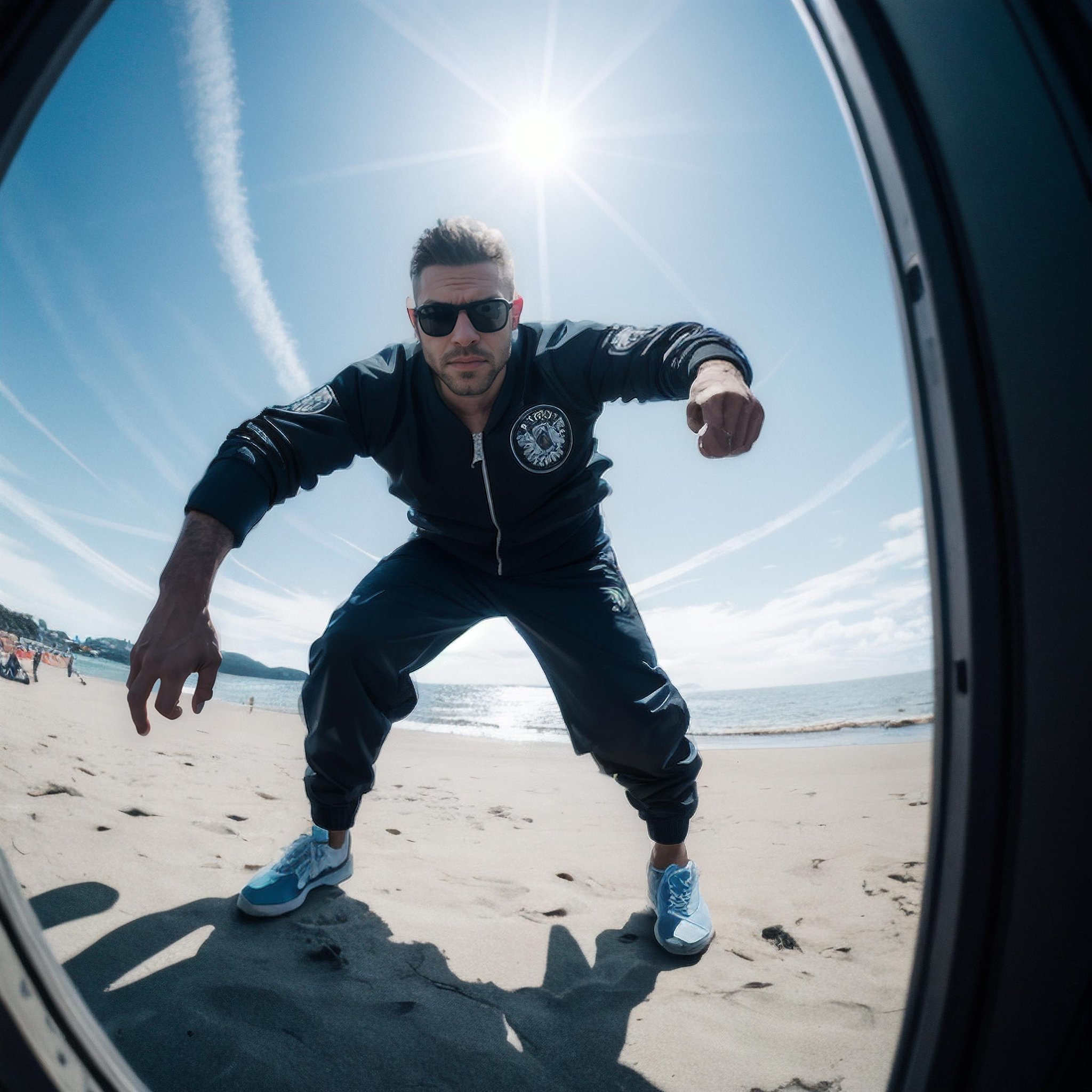 instant photo, photo of a Focused man, Wearing Bomber Jacket and Joggers, action pose, close up, outdoors at the beach, edge lighting, from below/low angle, GoPro Hero, solarized, Surface Detail, (Ambient Occlusion:0.3)