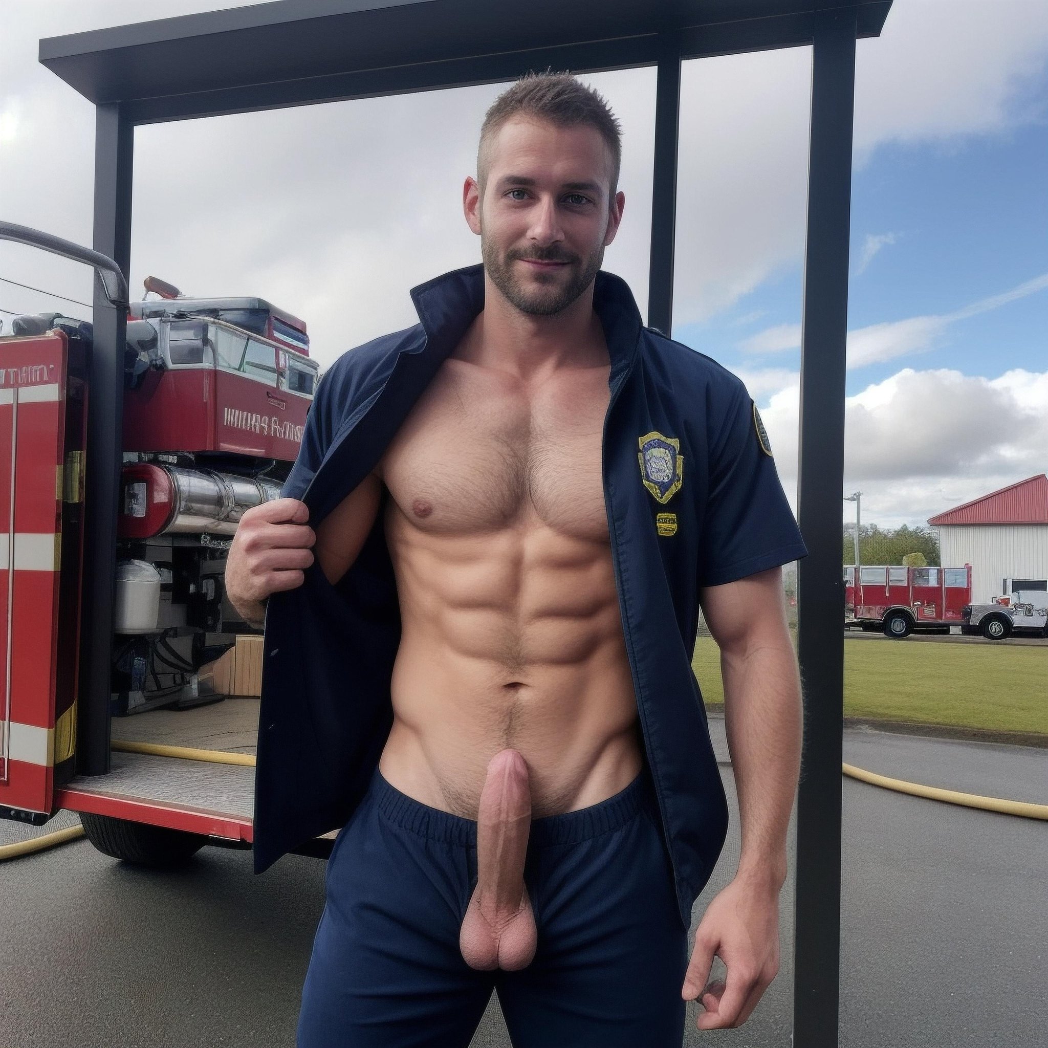 male firefighter with his jacket open and his pants down revealing his nude body, looking at camera, seductive expression, firefighter jacket, high visibility jacket, shirtless, penis, average-sized penis, pants around ankles, fire station, fire truck, naked. sky, exterior, fire station, clouds navel, thick chest hair, arm hair, (hairy:1.25), nipples, Icelandic, Norwegian, thin, deep-set eyes, lean body, beard, pecs