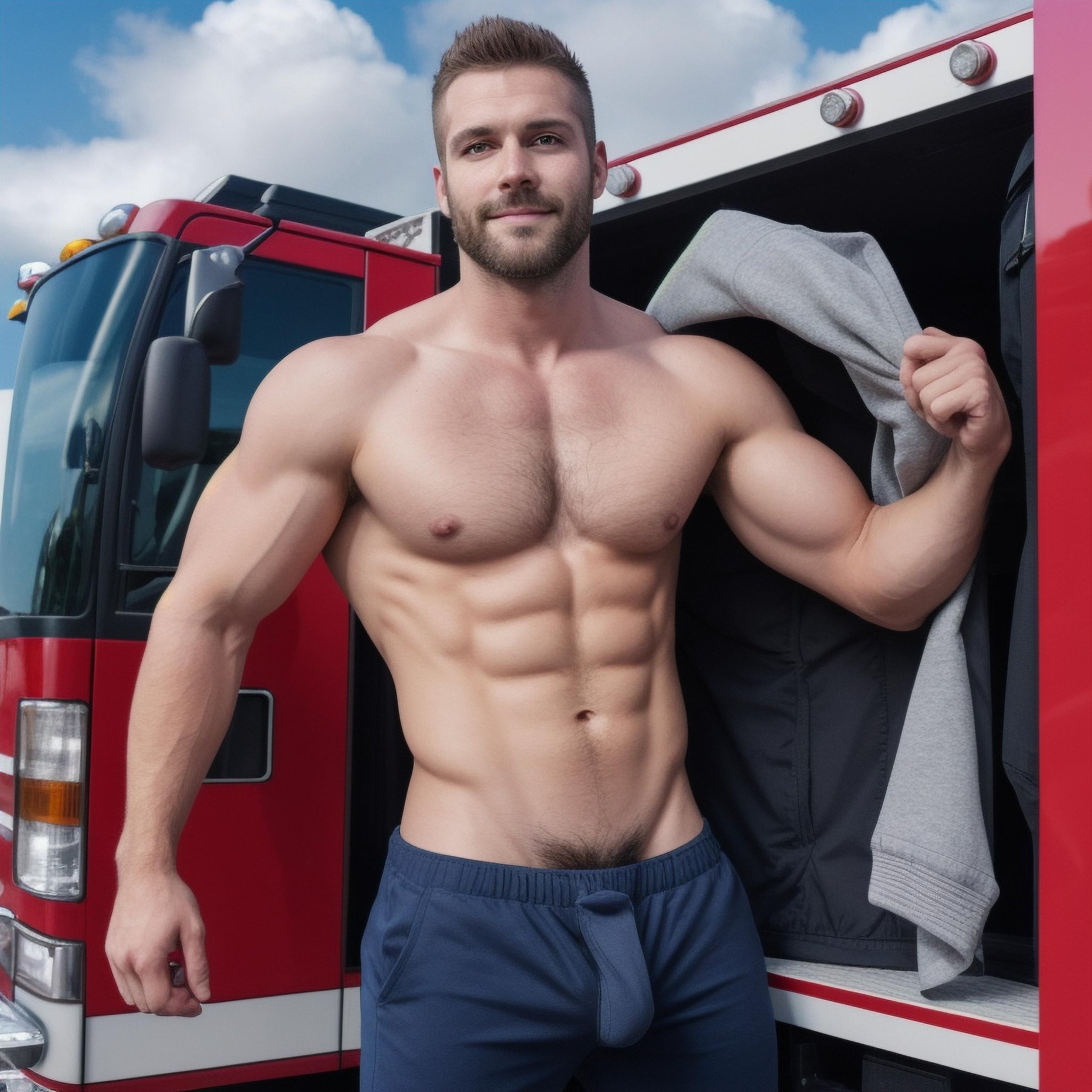 male firefighter with his jacket open and his pants down revealing his nude body, looking at camera, seductive expression, firefighter jacket, high visibility jacket, shirtless, penis, average-sized penis, pants around ankles, fire station, fire truck, naked. sky, exterior, fire station, clouds navel, thick chest hair, arm hair, (hairy:1.25), nipples, Icelandic, Norwegian, thin, deep-set eyes, lean body, beard, pecs