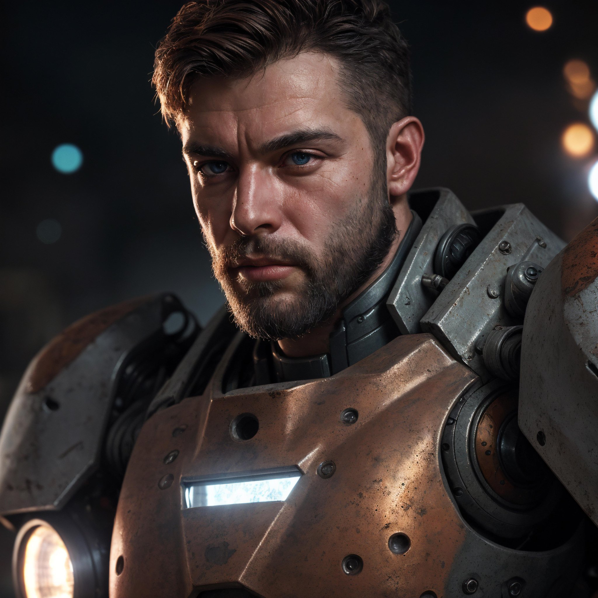 close up Portrait photo of muscular bearded guy in a worn mech suit, ((light bokeh)), intricate, (steel metal [rust]), elegant, sharp focus, photo by greg rutkowski, soft lighting, vibrant colors, masterpiece, ((streets)), detailed face