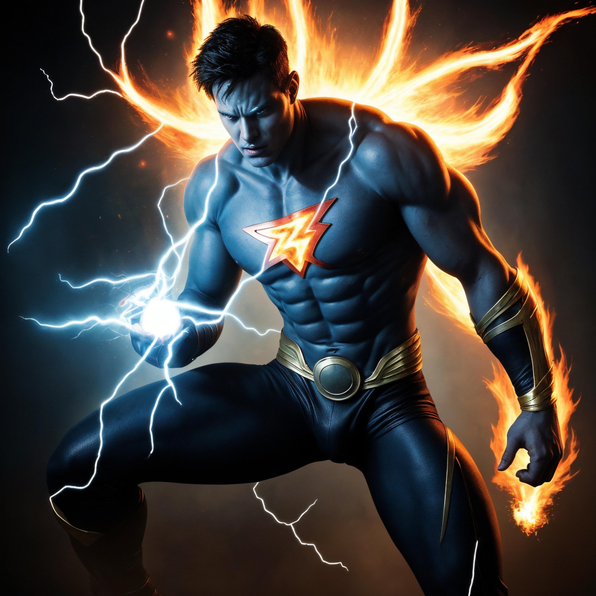 male superhero with magical abilities, conjuring elements like fire and lightning, emanating an aura of mystique.