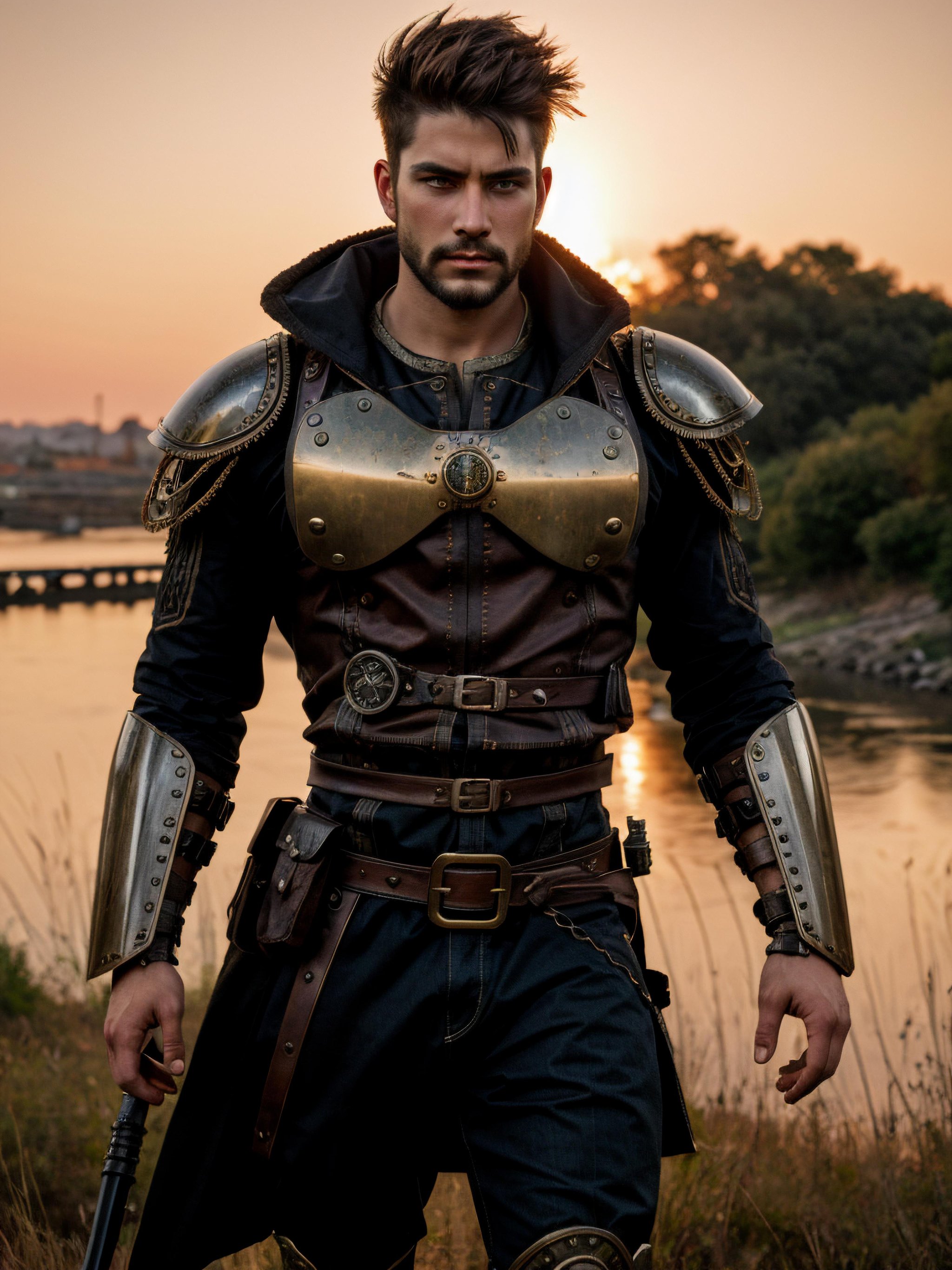 steampunk warrior man, best quality, HDR, raw photo, film grain, cinestill 50d, intricate, elegant, highly detailed, hdr, cinematic lighting, sunset