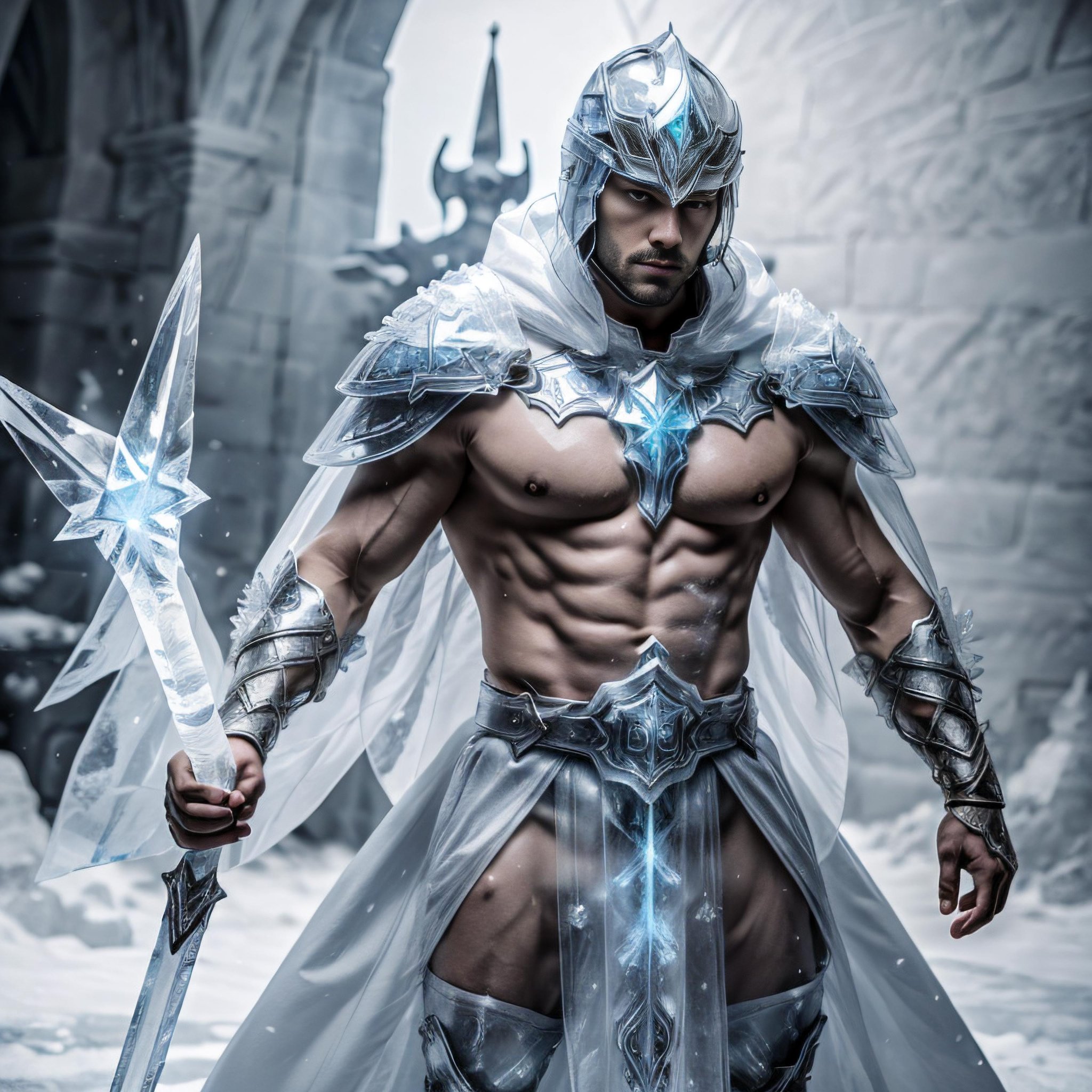 ic34rmor, wearing ice paladin armor, ((fighting stance)), holding ice shield, medieval fantasy city background, indoors, helmet, cape, cross, (realistic), masterpiece, intricate details, detailed background, depth of field, photo of a man, ice background, shiny background, ice castle in the background,  <lora:Clothing - Ice Armor:0.55>, holding a staff of ice