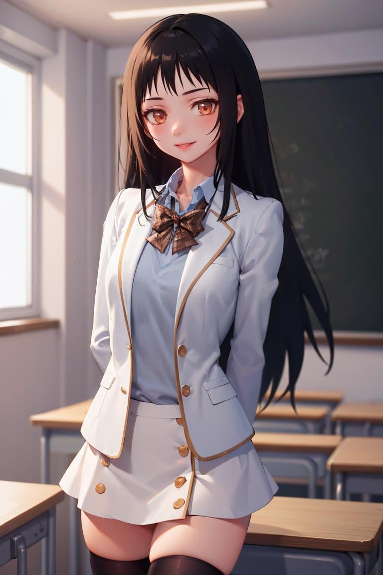 masterpiece, best quality, absurdres, YayaNanto, long hair, school uniform, white blazer, plaid bowtie, white skirt, black thighhighs, arms behind back, indoors, classroom, smile, <lora:CHAR-YayaNanto:1>