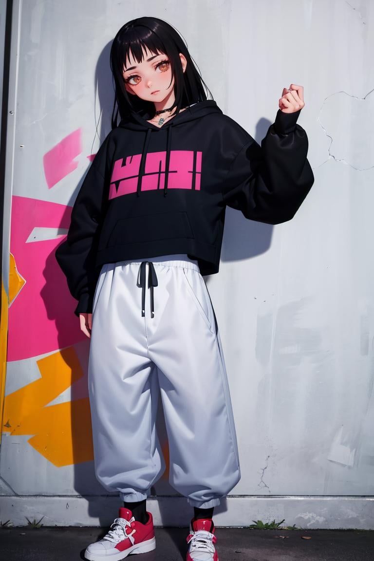 masterpiece, best quality, absurdres, YayaNanto, long hair, urban and street style, graffiti-inspired colors, cool and edgy attire, baggy pants, oversized hoodie, stylish sneakers, fashionable accessories, hip hop jewelry, confident expression, graffiti walls, energetic and vibrant atmosphere, <lora:CHAR-YayaNanto:1>