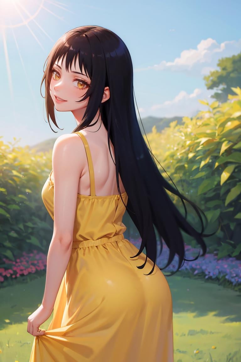 masterpiece, best quality, absurdres, YayaNanto, long hair, from behind, (yellow sundress), garden, day, sunshine, smile, looking back, <lora:CHAR-YayaNanto:1>