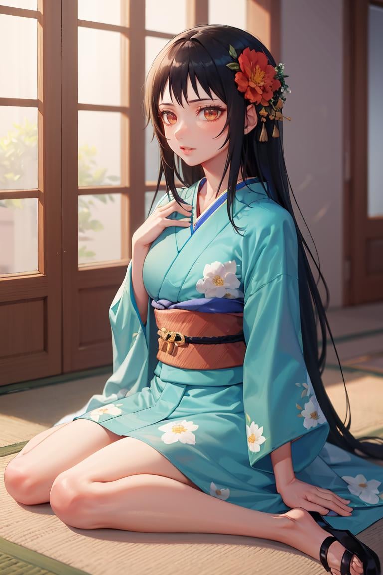 masterpiece, best quality, absurdres, YayaNanto, long hair, indoors, kimono, hair flower, floral print, wariza, sitting, <lora:CHAR-YayaNanto:1>