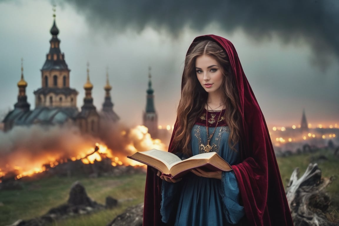 (realistic (full body:1.2) breathtaking epic portrait of (21yo [mongol:slavic:0.75] female necromant lich:1.135) touching by her (perfect feminine hands:1.225) necromancy magic book intricately crafted by ancient demons, wearing [(dark carbon-red eerie cloak:0.8) : died messiah print clothes:0.5], perfectly round cornea, charming feminine eyes:1.3), wind blowing hairs, (mole, gloom:0.85), (gloomy eerie evening with burning Kremlin in background:1.125), (volumetric dreamy light in dense fog, natural low-key light:1.16), (natural skin texture with pigment variations, large natural breasts and thin waist:1.2), (extreme facial details, realism, life-like, artistic gesture:1.35)