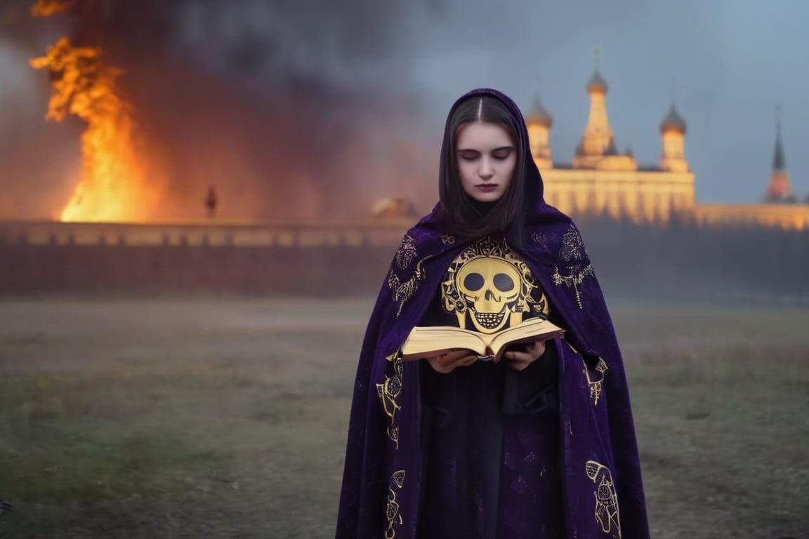 realistic (full body:1.2) breathtaking epic portrait of (21yo [mongol:slavic:0.75] female necromant mage:1.135) touching by her (perfect feminine hands:1.225) necromancy magic book with intricate decoration, wearing black-violet-gold intricately crafted cyberpunk skull print cloak, etheral wind blowing and eerie military skeletons lurking in background, (gloomy eerie evening with burning Kremlin in background:1.125), (volumetric dreamy light in dense fog, natural low-key light:1.16), (natural skin texture with pigment variations, large natural breasts and thin waist:1.2), (extreme facial details, realism, life-like, artistic gesture:1.35),bokeh,depth of field