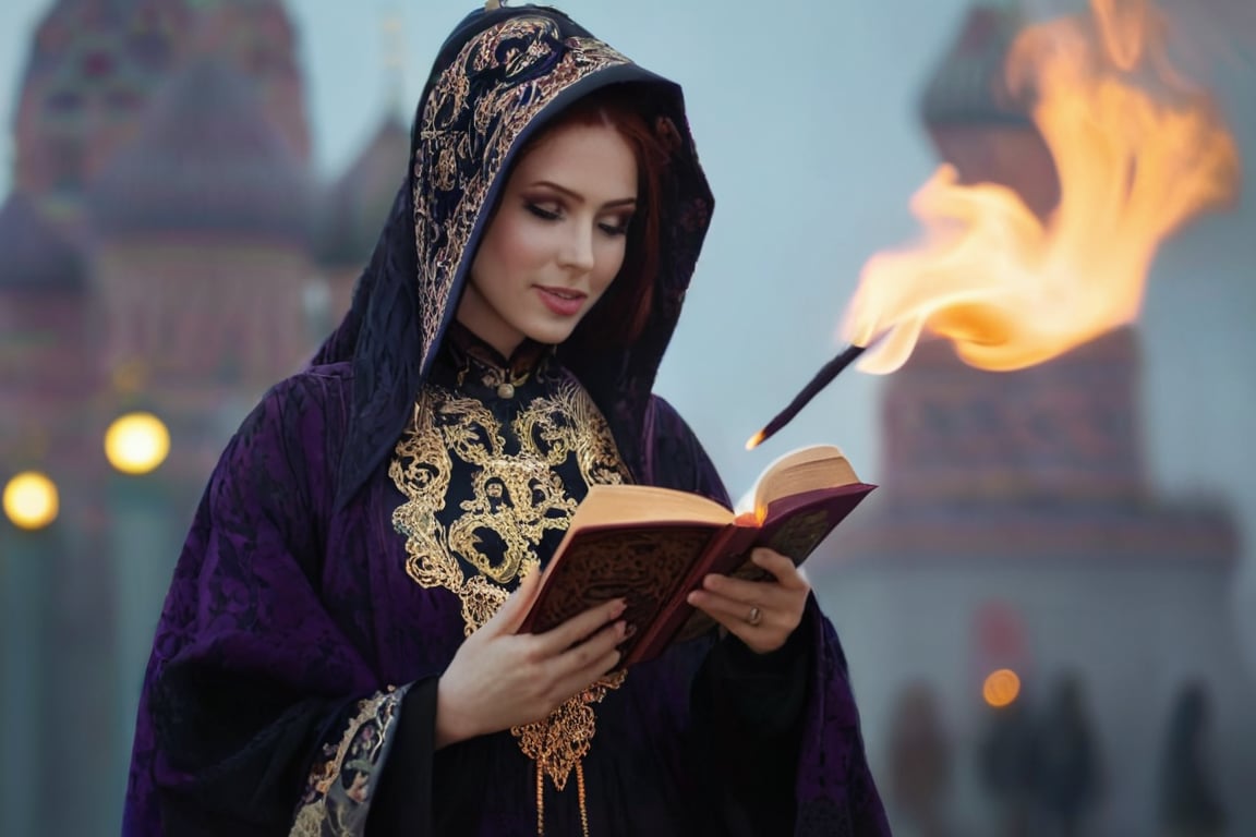 realistic (full body:1.2) breathtaking epic portrait of (21yo [mongol:slavic:0.75] female necromant mage:1.135) touching by her (perfect feminine hands:1.225) necromancy magic book with intricate decoration, wearing black-violet-gold intricately crafted cyberpunk skull print cloak, etheral wind blowing and eerie military skeletons lurking in background, (gloomy eerie evening with burning Kremlin in background:1.125), (volumetric dreamy light in dense fog, natural low-key light:1.16), (natural skin texture with pigment variations, large natural breasts and thin waist:1.2), (extreme facial details, realism, life-like, artistic gesture:1.35),bokeh,depth of field