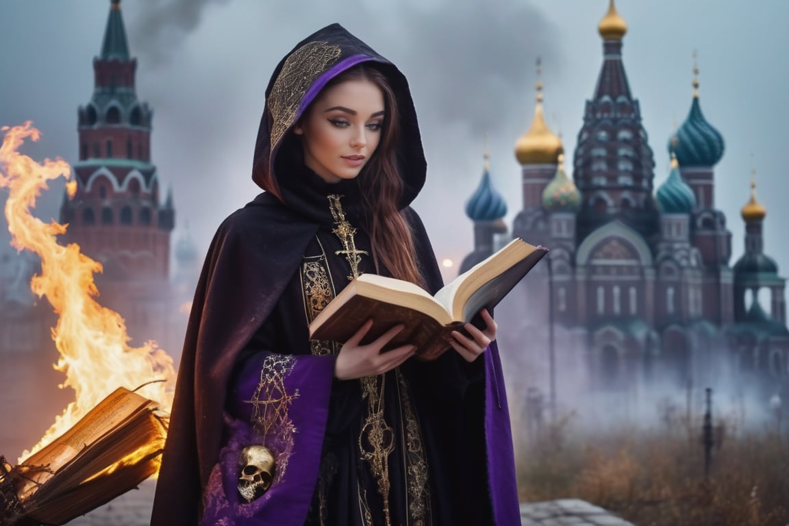 realistic (full body:1.2) breathtaking epic portrait of (21yo [mongol:slavic:0.75] female necromant mage:1.135) touching by her (perfect feminine hands:1.225) necromancy magic book with intricate decoration, wearing black-violet-gold intricately crafted cyberpunk skull print cloak, etheral wind blowing and eerie military skeletons lurking in background, (gloomy eerie evening with burning Kremlin in background:1.125), (volumetric dreamy light in dense fog, natural low-key light:1.16), (natural skin texture with pigment variations, large natural breasts and thin waist:1.2), (extreme facial details, realism, life-like, artistic gesture:1.35)