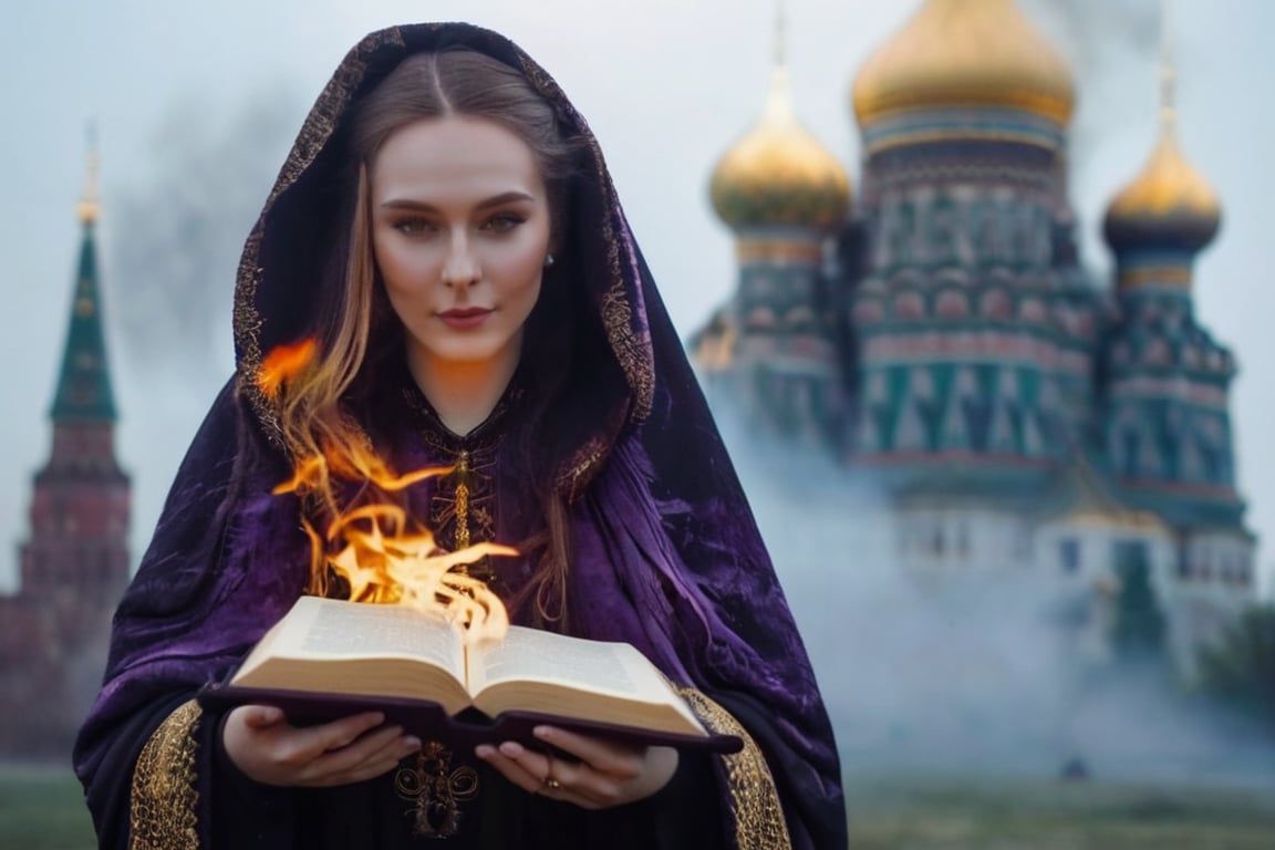 realistic (full body:1.2) breathtaking epic portrait of (21yo [mongol:slavic:0.75] female necromant mage:1.135) touching by her (perfect feminine hands:1.225) necromancy magic book with intricate decoration, wearing black-violet-gold intricately crafted cyberpunk skull print cloak, etheral wind blowing and eerie military skeletons lurking in background, (gloomy eerie evening with burning Kremlin in background:1.125), (volumetric dreamy light in dense fog, natural low-key light:1.16), (natural skin texture with pigment variations, large natural breasts and thin waist:1.2), (extreme facial details, realism, life-like, artistic gesture:1.35),bokeh