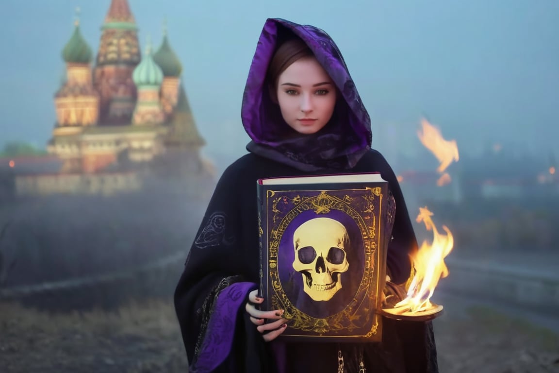 realistic (full body:1.2) breathtaking epic portrait of (21yo [mongol:slavic:0.75] female necromant mage:1.135) touching by her (perfect feminine hands:1.225) necromancy magic book with intricate decoration, wearing black-violet-gold intricately crafted cyberpunk skull print cloak, etheral wind blowing and eerie military skeletons lurking in background, (gloomy eerie evening with burning Kremlin in background:1.125), (volumetric dreamy light in dense fog, natural low-key light:1.16), (natural skin texture with pigment variations, large natural breasts and thin waist:1.2), (extreme facial details, realism, life-like, artistic gesture:1.35),bokeh,depth of field