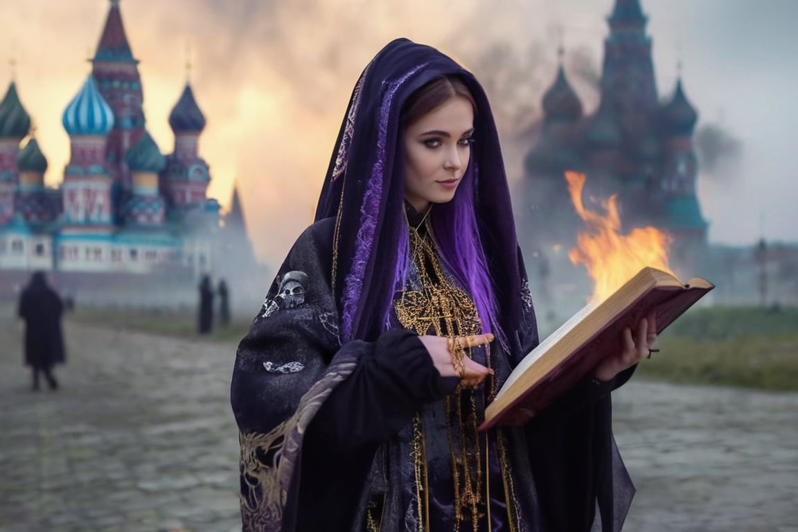 realistic (full body:1.2) breathtaking epic portrait of (21yo [mongol:slavic:0.75] female necromant mage:1.135) touching by her (perfect feminine hands:1.225) necromancy magic book with intricate decoration, wearing black-violet-gold intricately crafted cyberpunk skull print cloak, etheral wind blowing and eerie military skeletons lurking in background, (gloomy eerie evening with burning Kremlin in background:1.125), (volumetric dreamy light in dense fog, natural low-key light:1.16), (natural skin texture with pigment variations, large natural breasts and thin waist:1.2), (extreme facial details, realism, life-like, artistic gesture:1.35),bokeh