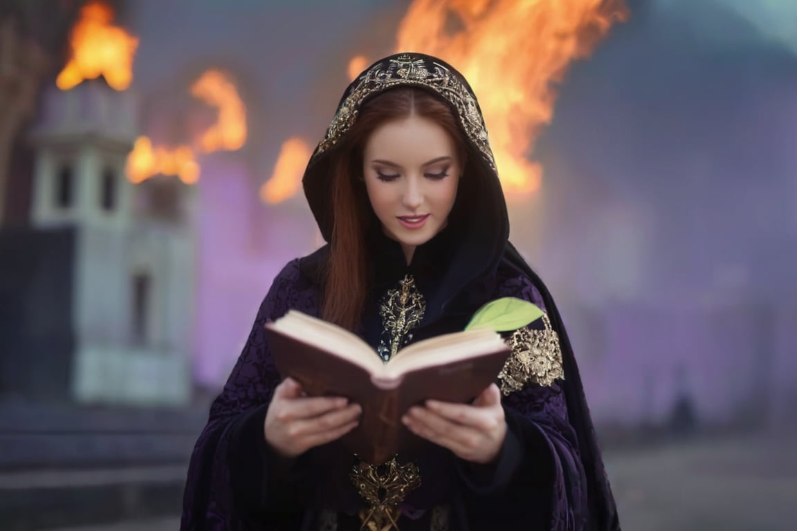 realistic (full body:1.2) breathtaking epic portrait of (21yo [mongol:slavic:0.75] female necromant mage:1.135) touching by her (perfect feminine hands:1.225) necromancy magic book with intricate decoration, wearing black-violet-gold intricately crafted cyberpunk skull print cloak, etheral wind blowing and eerie military skeletons lurking in background, (gloomy eerie evening with burning Kremlin in background:1.125), (volumetric dreamy light in dense fog, natural low-key light:1.16), (natural skin texture with pigment variations, large natural breasts and thin waist:1.2), (extreme facial details, realism, life-like, artistic gesture:1.35),bokeh,depth of field