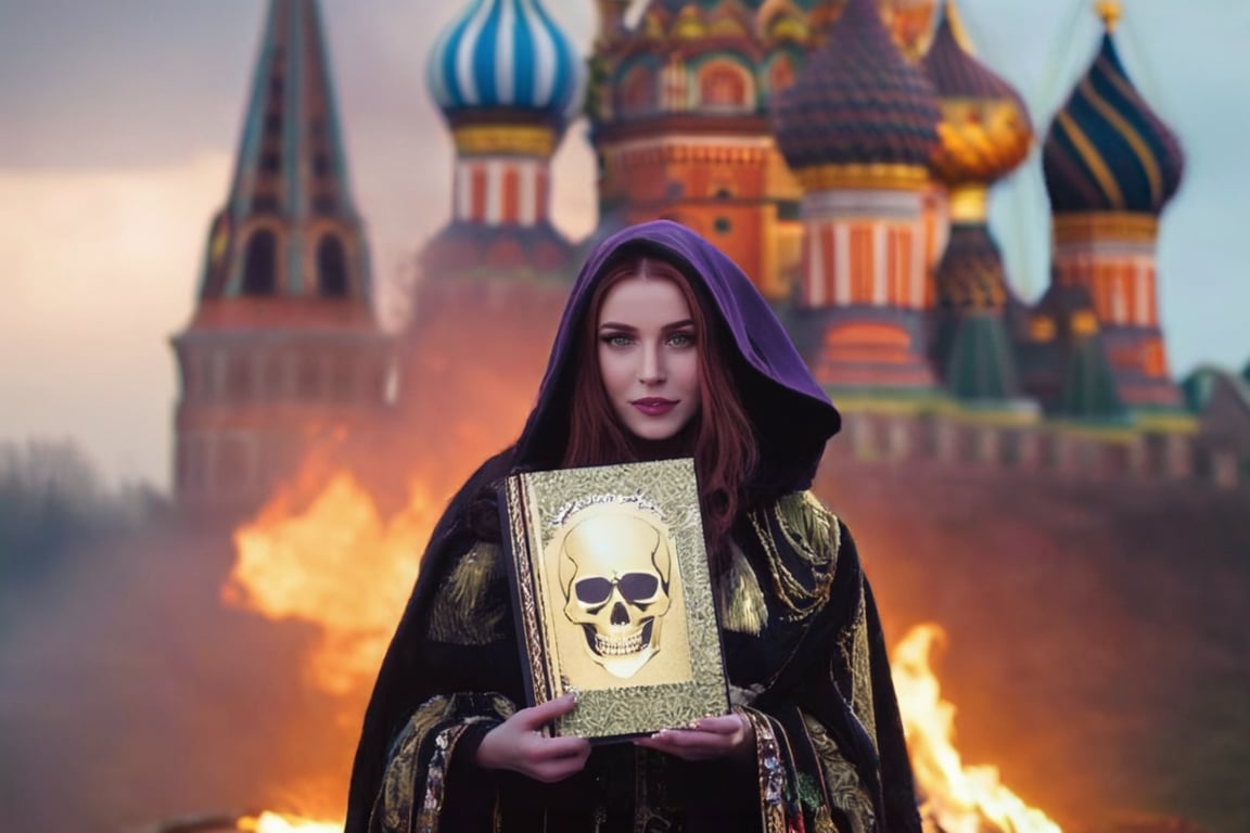 realistic (full body:1.2) breathtaking epic portrait of (21yo [mongol:slavic:0.75] female necromant mage:1.135) touching by her (perfect feminine hands:1.225) necromancy magic book with intricate decoration, wearing black-violet-gold intricately crafted cyberpunk skull print cloak, etheral wind blowing and eerie military skeletons lurking in background, (gloomy eerie evening with burning Kremlin in background:1.125), (volumetric dreamy light in dense fog, natural low-key light:1.16), (natural skin texture with pigment variations, large natural breasts and thin waist:1.2), (extreme facial details, realism, life-like, artistic gesture:1.35),bokeh,depth of field