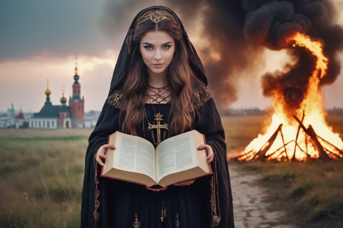 (realistic (full body:1.2) breathtaking epic portrait of (21yo [mongol:slavic:0.75] female necromant lich:1.135) touching by her (perfect feminine hands:1.225) necromancy magic book intricately crafted by ancient demons, wearing [(dark carbon-red eerie cloak:0.8) : died messiah print clothes:0.5], perfectly round cornea, charming feminine eyes:1.3), wind blowing hairs, (mole, gloom:0.85), (gloomy eerie evening with burning Kremlin in background:1.125), (volumetric dreamy light in dense fog, natural low-key light:1.16), (natural skin texture with pigment variations, large natural breasts and thin waist:1.2), (extreme facial details, realism, life-like, artistic gesture:1.35)