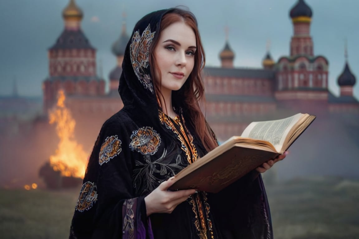 realistic (full body:1.2) breathtaking epic portrait of (21yo [mongol:slavic:0.75] female necromant mage:1.135) touching by her (perfect feminine hands:1.225) necromancy magic book with intricate decoration, wearing black-violet-gold intricately crafted cyberpunk skull print cloak, etheral wind blowing and eerie military skeletons lurking in background, (gloomy eerie evening with burning Kremlin in background:1.125), (volumetric dreamy light in dense fog, natural low-key light:1.16), (natural skin texture with pigment variations, large natural breasts and thin waist:1.2), (extreme facial details, realism, life-like, artistic gesture:1.35),bokeh,depth of field