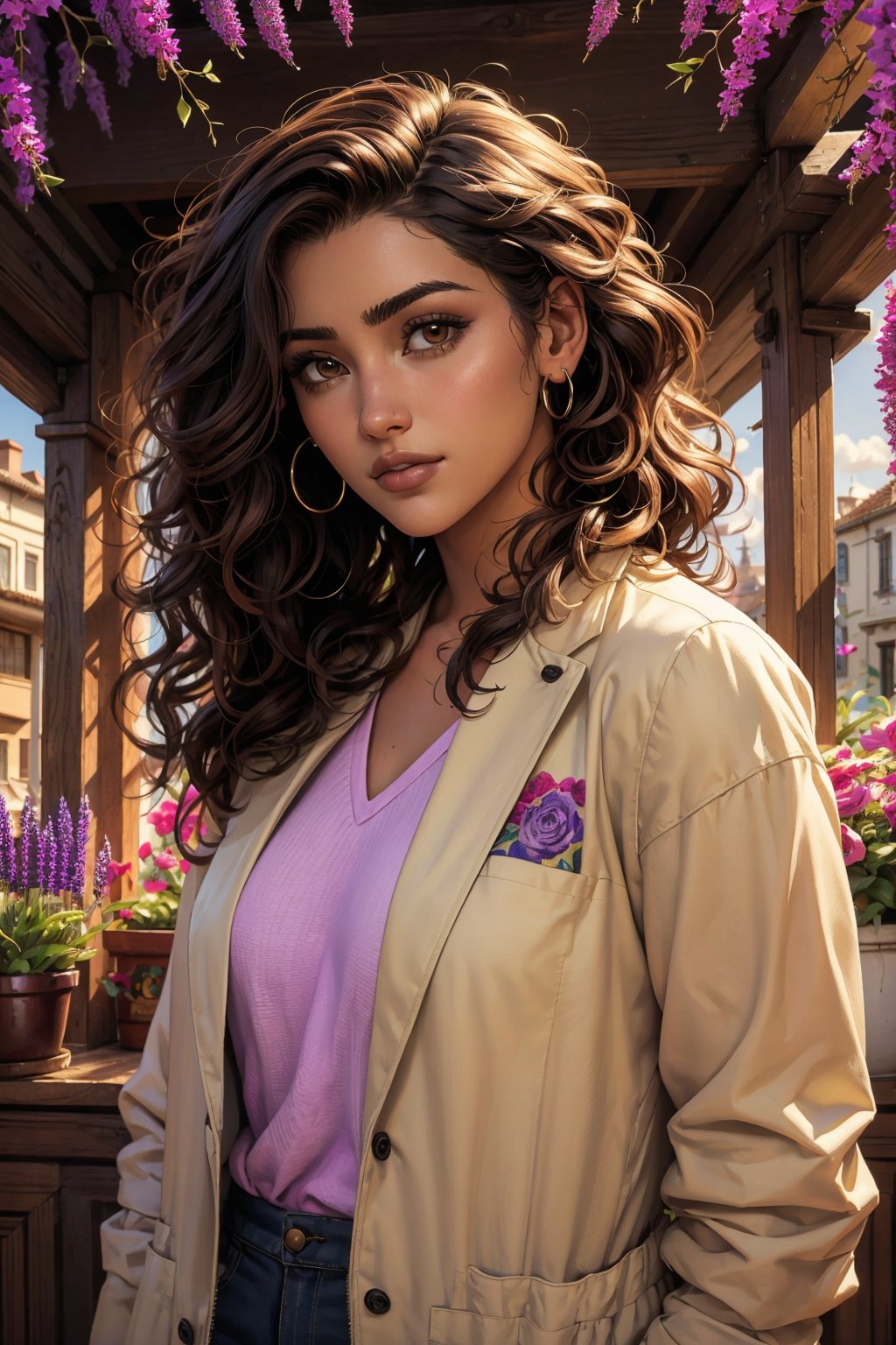 1 girl, alone, a beautiful woman 35 years old, looking at viewer, dark skin, short dark brown hair, brown eyes, milf, bbw, muscular. she wears a lavender shirt and a beige jacket, urban psychedelic outfit, psychedelic background, masterpiece, oil painting, impasto, soft shading, sciamano240, 1girl, Camila Noceda