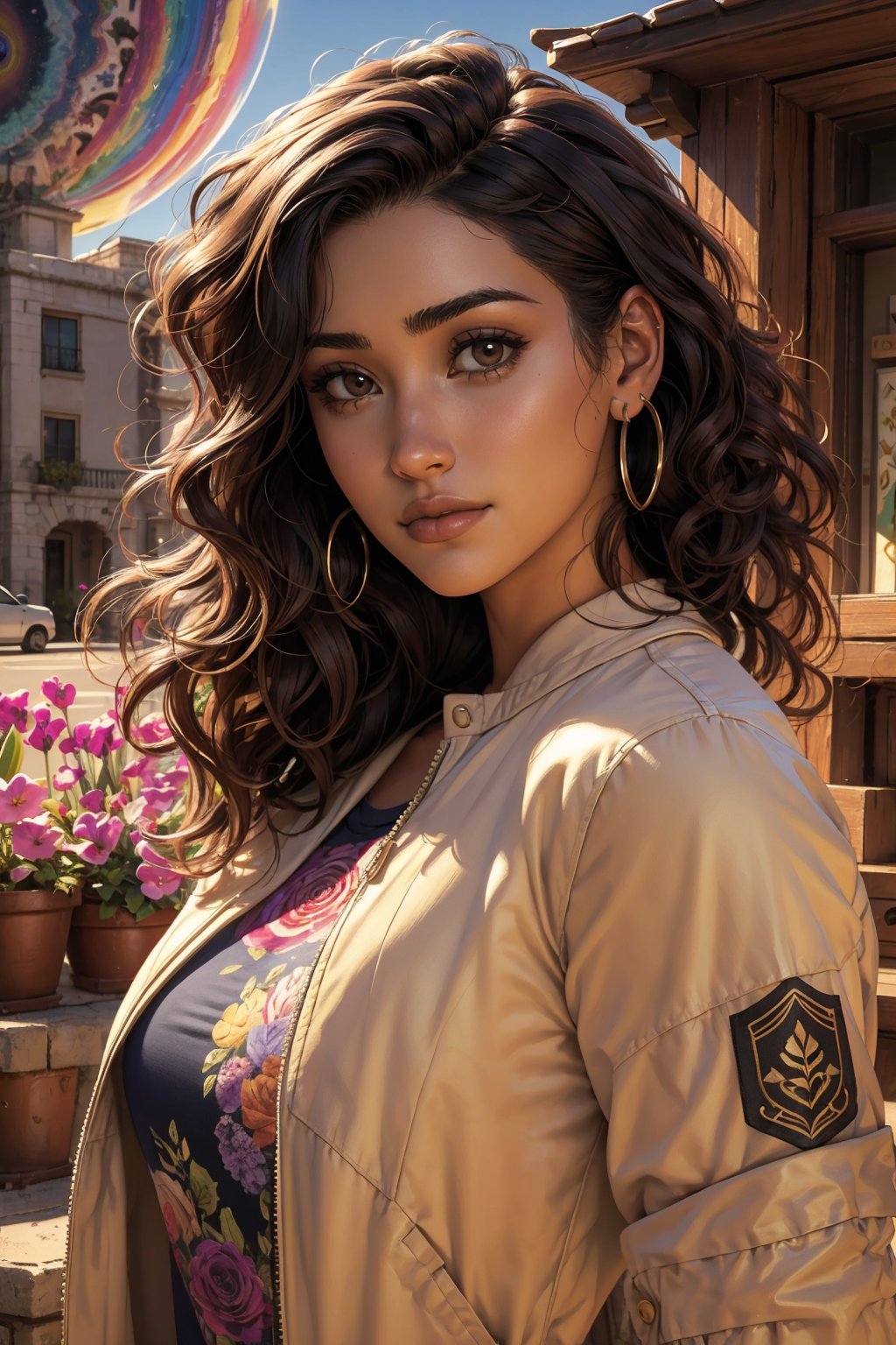 1 girl, alone, a beautiful woman 35 years old, looking at viewer, dark skin, long dark brown hair, brown eyes, milf, bbw, muscular. she wears a lavender shirt and a beige jacket, urban psychedelic outfit, psychedelic background, masterpiece, oil painting, impasto, soft shading, sciamano240, 1girl, Camila Noceda