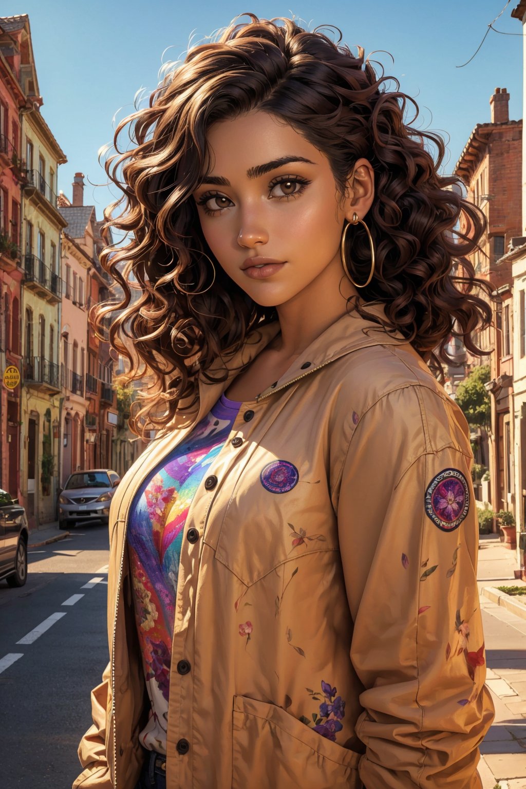 1 girl, alone, a beautiful woman 35 years old, looking at viewer, dark skin, long dark brown hair, brown eyes, milf, bbw, muscular. she wears a lavender shirt and a beige jacket, urban psychedelic outfit, psychedelic background, masterpiece, oil painting, impasto, soft shading, sciamano240, 1girl, Camila Noceda