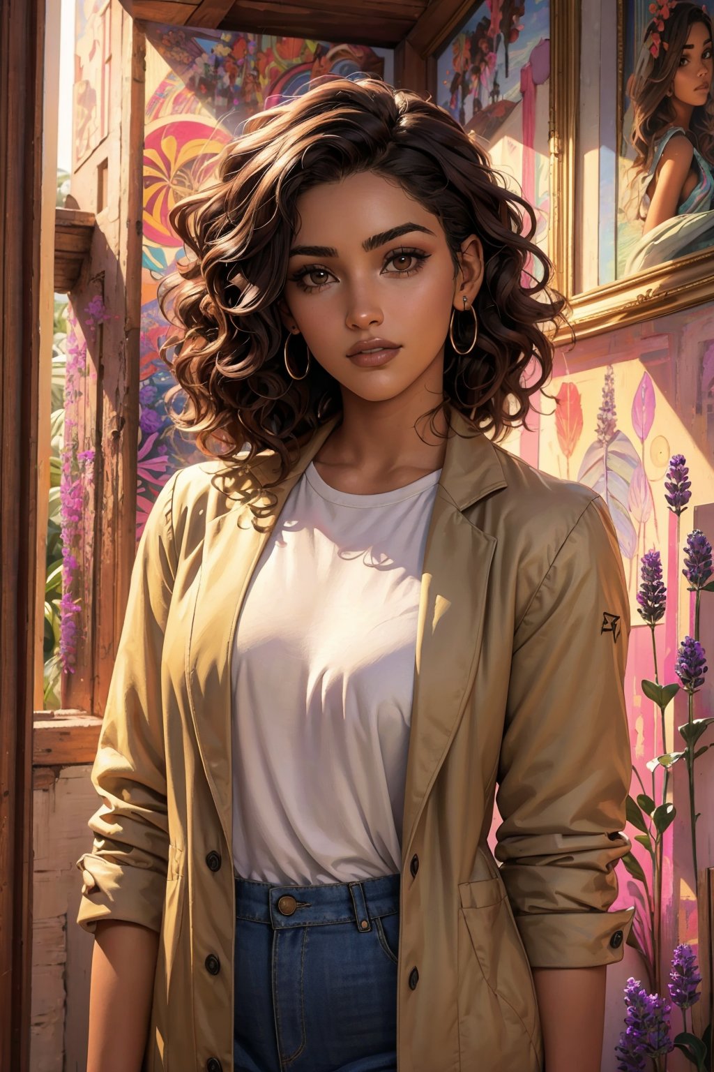 1 girl, alone, a beautiful woman 35 years old, looking at viewer, dark skin, short dark brown hair, brown eyes, milf, bbw, muscular. she wears a lavender shirt and a beige jacket, urban psychedelic outfit, psychedelic background, masterpiece, oil painting, impasto, soft shading, sciamano240, 1girl, Camila Noceda