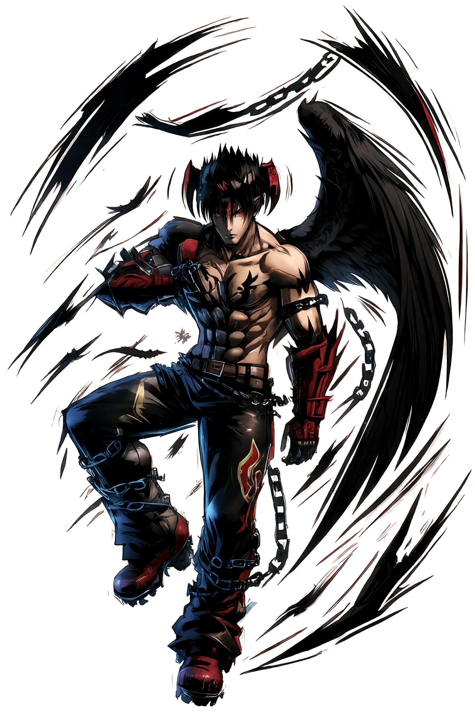DEVJIN, 1boy, solo, male focus, black hair, muscular, topless male, horns, abs, tattoo, pants, chain, belt, gloves, red eyes, gauntlets, black wings
,stikers_style, colorful, sketch, abstract art