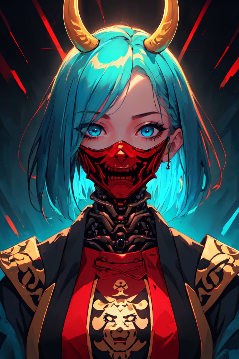 master piece, HD, ultra detailled, high definition, high_res, high_resolution, portrait, samurai girl, cybernetic, short hair, cyan hair, samurai_outfit, looking_at_viewer, light blue eyes, masked, oni mask, monastery,  fantasy00d,oni face shield,fantasy00d