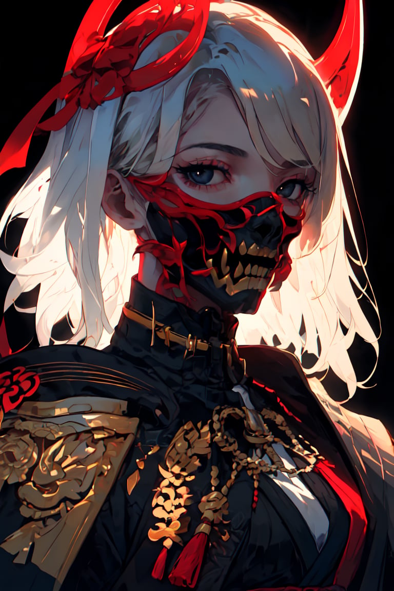 master piece, HD, ultra detailled, high definition, high_res, high_resolution, portrait, samurai girl, medium_hair, white hair, samurai_outfit, looking_at_viewer, black eyes, oni mask,  fantasy00d,midjourney,oni face shield