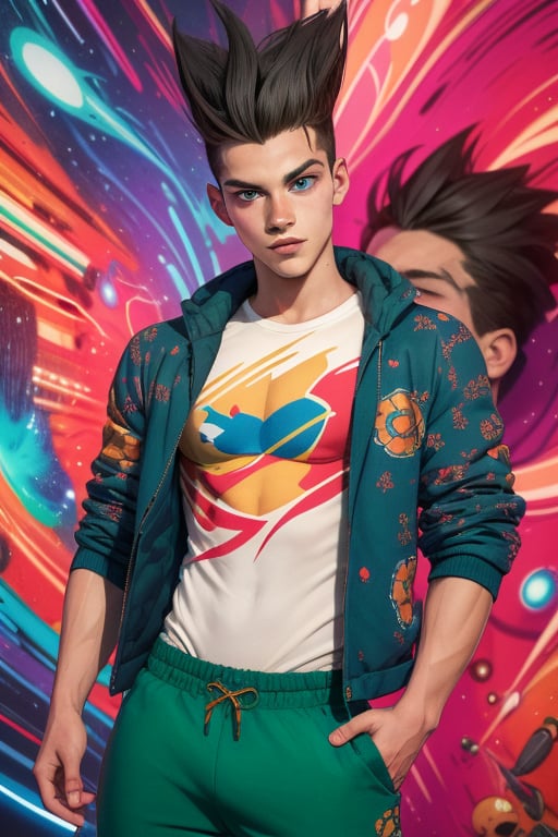 David Haller is a 17-year-old handsome young man. He has long black spiked hair and blue eyes. slim body. wearing a thigh-length jacket. wearing a printed t-shirt. He wears baggy pants. In the background a series of very detailed and unreal illustrations, surreal, abstract, lucid dreams, oneiric. interactive elements, highly detailed, ((Detailed Face)), ((Detailed Half Body)), Color Booster, sciamano240, Legion