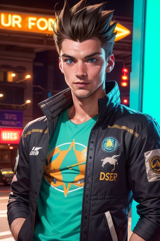 David Haller is a handsome young man, 17 years old.  He has a long black spiked hair,  blue eyes.  wearing a jacket, thigh-length jacket. wearing a print t-shirt. In the background a night city with neon lights, interactive elements, very detailed, ((Detailed face)), ((Detailed Half body)), Color Booster,  sciamano240, Legion