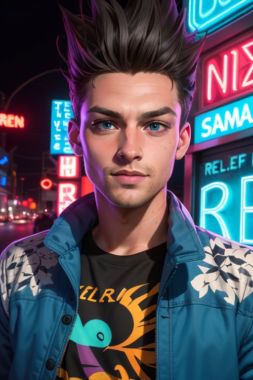 David Haller is a handsome young man, 17 years old.  He has a long black spiked hair,  blue eyes.  wearing a jacket, thigh-length jacket. wearing a print t-shirt. In the background a night city with neon lights, interactive elements, very detailed, ((Detailed face)), ((Detailed Half body)), Color Booster,  sciamano240, Legion