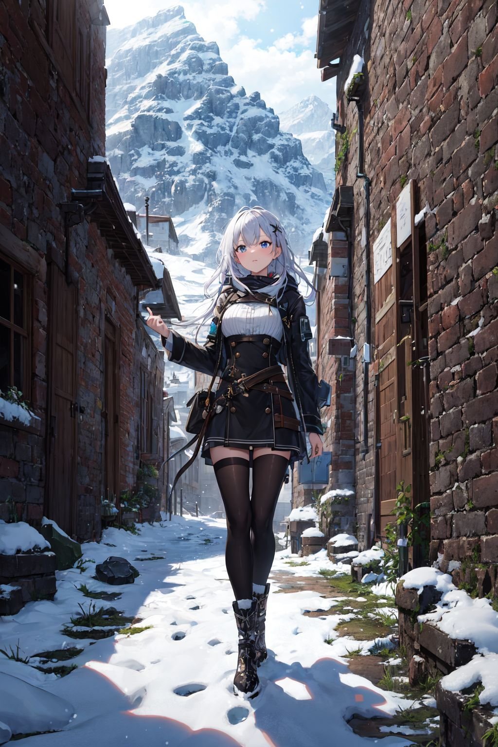 ((masterpiece)), (best quality),official art, extremely detailed CG unity 8k wallpaper, highly detailed, shiny skin, Depth of field, vivid color,1girl, (skinny:1.3), narrow waist,snowy landscape, with snow-capped mountains, panorama, Illustrate the ruins of an ancient castle, with crumbling walls, mysterious passageways, and a sense of history and intrigue, water, moss