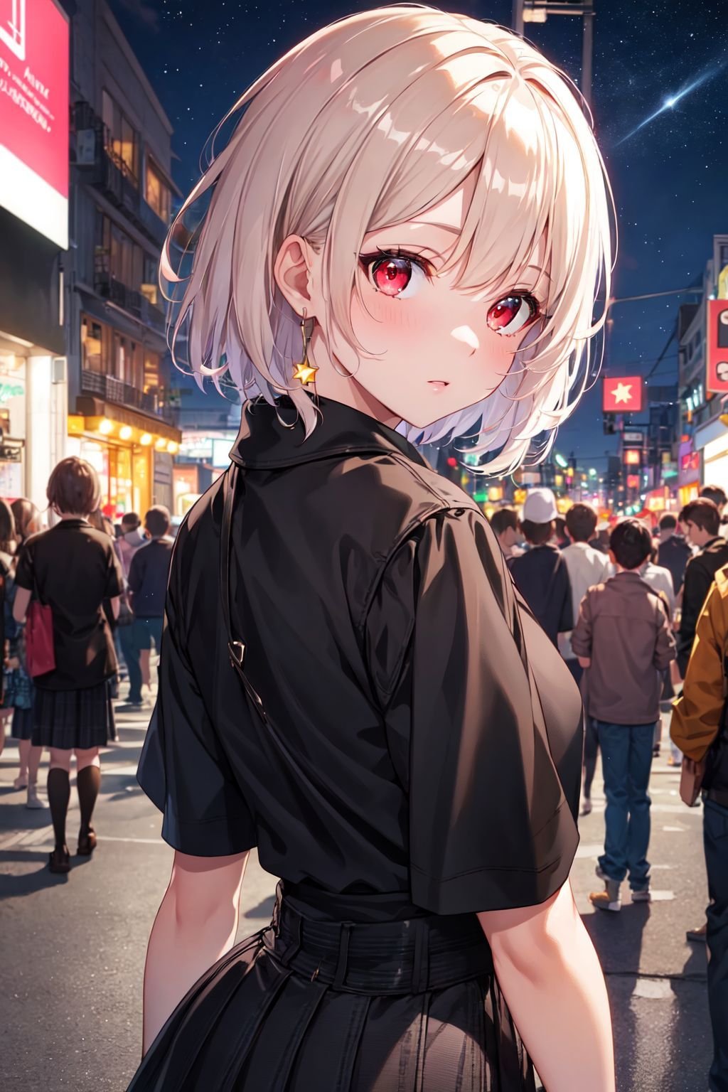 ((masterpiece)), (best quality),official art, extremely detailed CG unity 8k wallpaper, highly detailed, shiny skin, Depth of field, vivid color,1girl, (curvy:0.4), (full body:0.6),short hair, bangs, red eyes, skirt, looking at viewer, night, street, neon, looking back, star \(sky\), crowd, upper body,