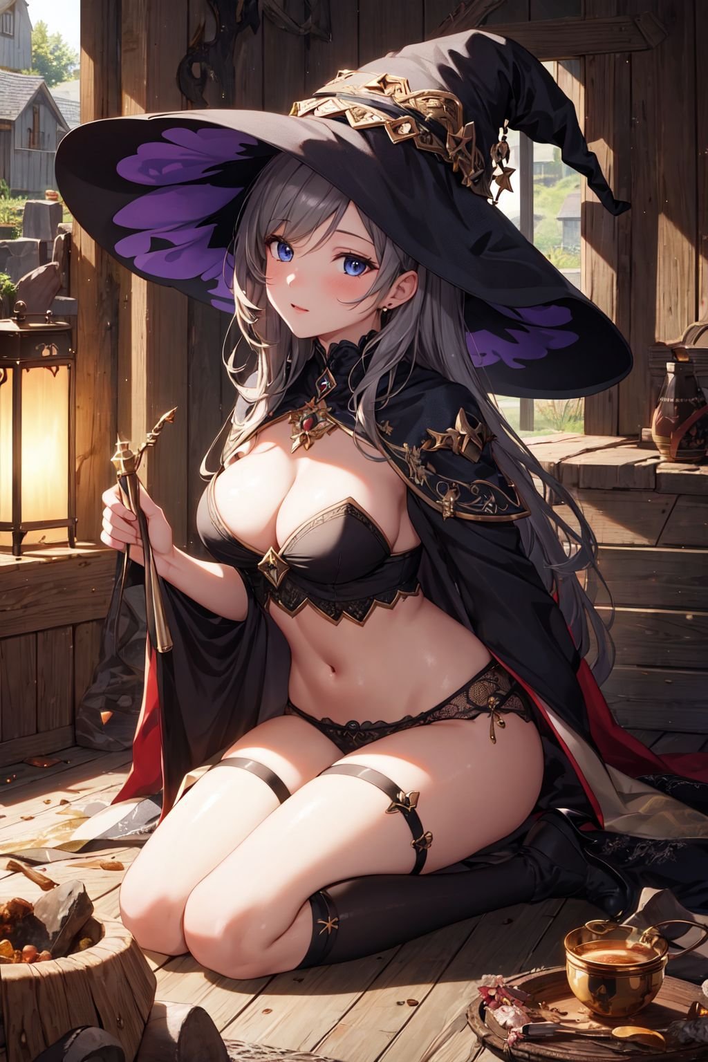 ((masterpiece)), (best quality),official art, extremely detailed CG unity 8k wallpaper, highly detailed, shiny skin, Depth of field, vivid color,1girl, (curvy:0.4), (full body:0.6),(witch:1.1), indoors, wooden hut, (magical:1.1)