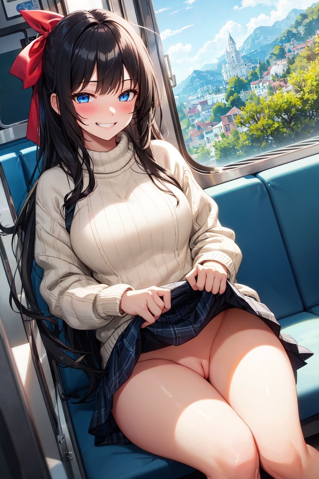 ((masterpiece)), (best quality),official art, extremely detailed CG unity 8k wallpaper, highly detailed, shiny skin, Depth of field, vivid color,1girl, (curvy:0.8), (full body:0.6),solo, sweater, skirt lift, white skirt, no panties, pussy, blush, black hair, long hair, hair ribbon, (public:1.1), glowing eyes, blue eyes, embarrassed, sitting, in train, train interior, (evil smile:1.2), nature, window,