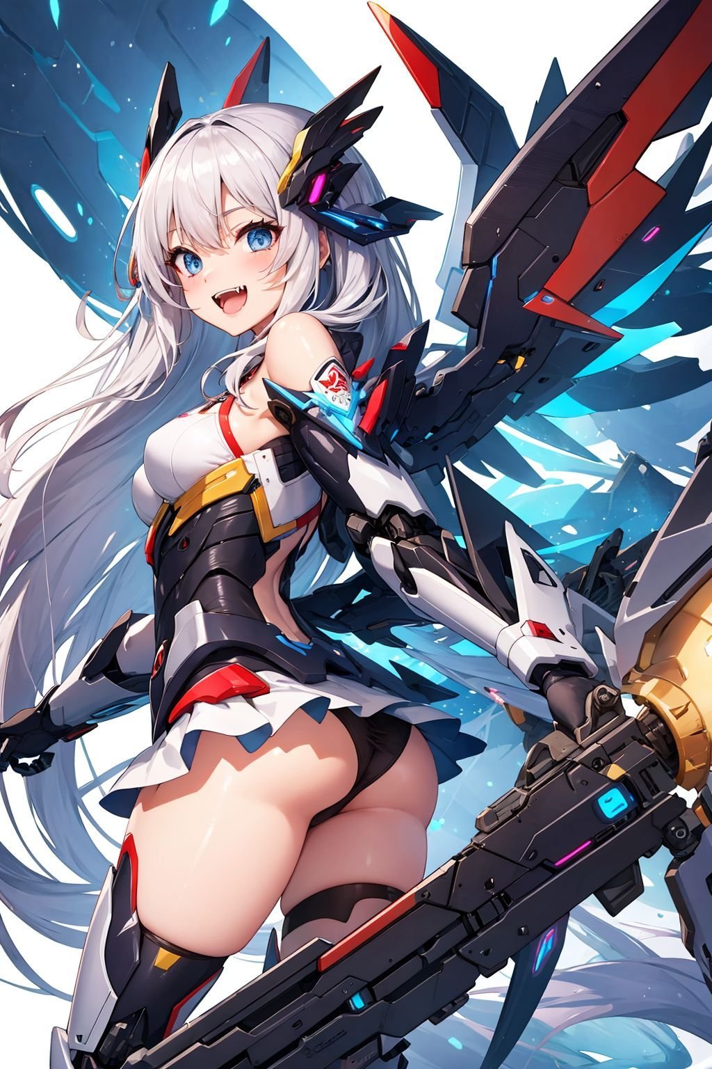 masterpiece, best quality, (nude:0.5), Mecha girl, mecha wings, fangs, happy, abstract background, best eyes, light particles, flying, panty peek,